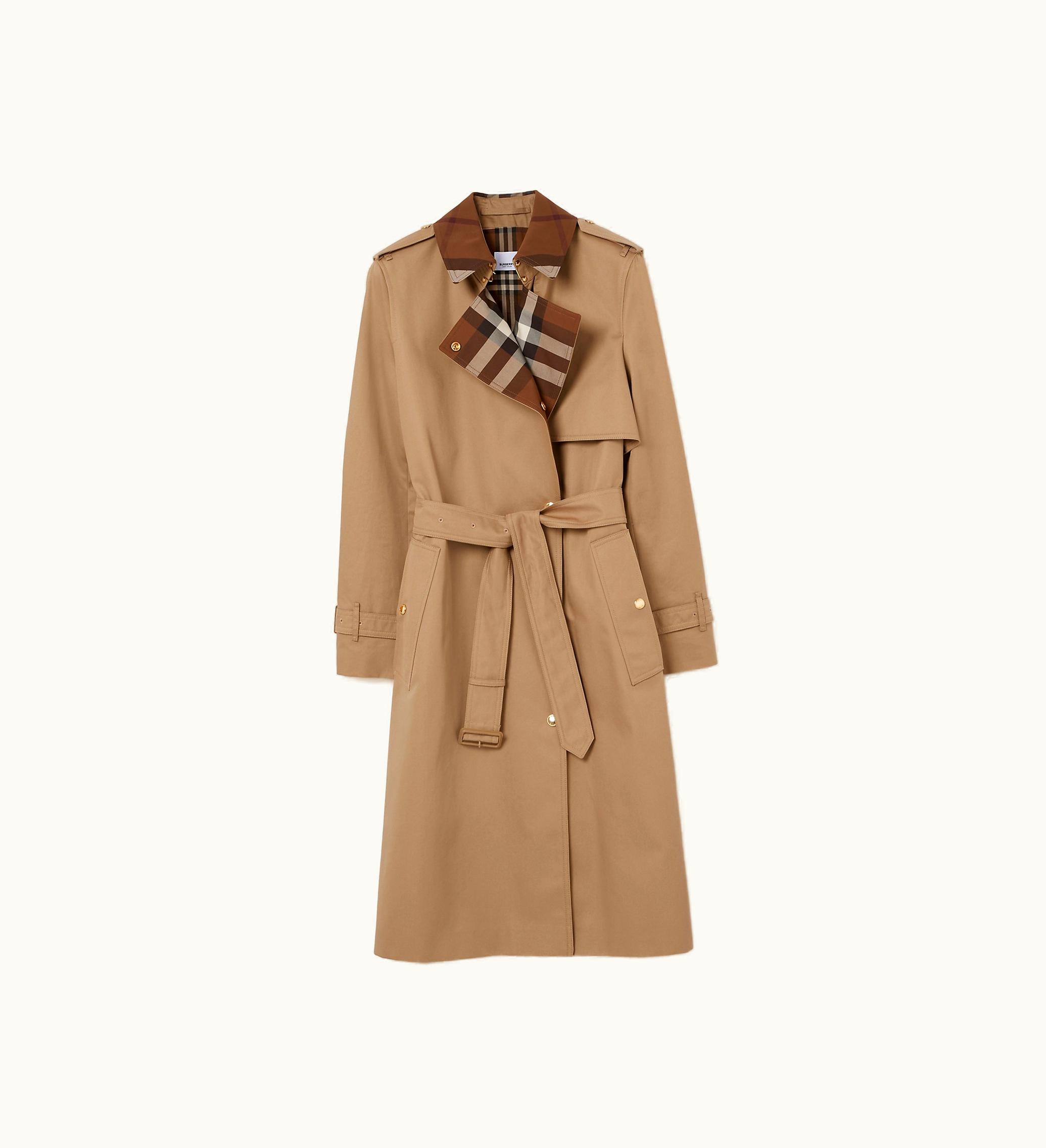 Burberry Burberry Long Check Collar Gabardine Trench Coat In Camel - Women, Cotton Gabardine