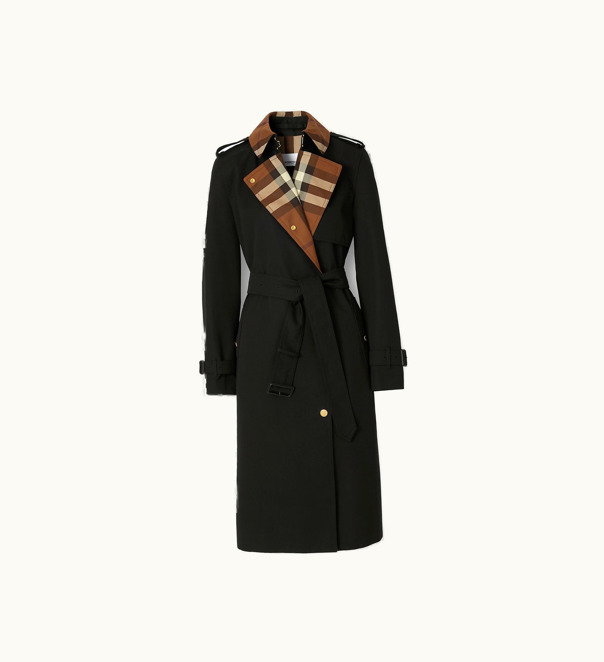 Burberry Burberry Long Check Collar Gabardine Trench Coat In Black - Women, Cotton Gabardine