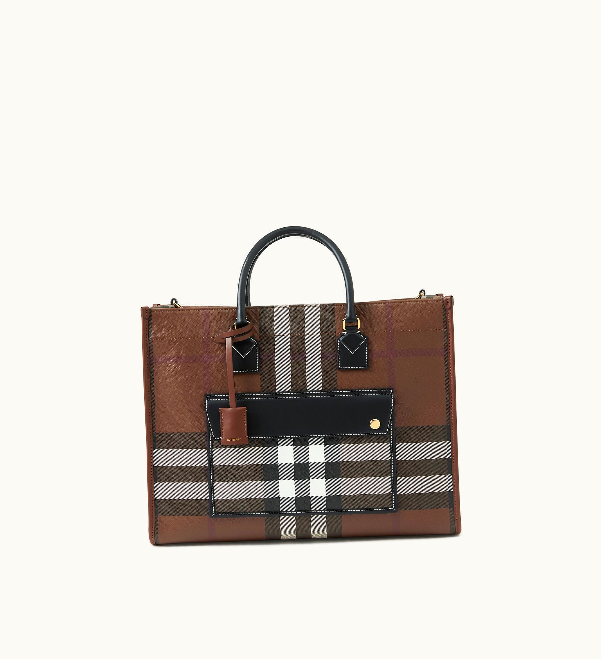 Burberry Burberry Freya Check Leather Tote Bag in Dark Birch Brown