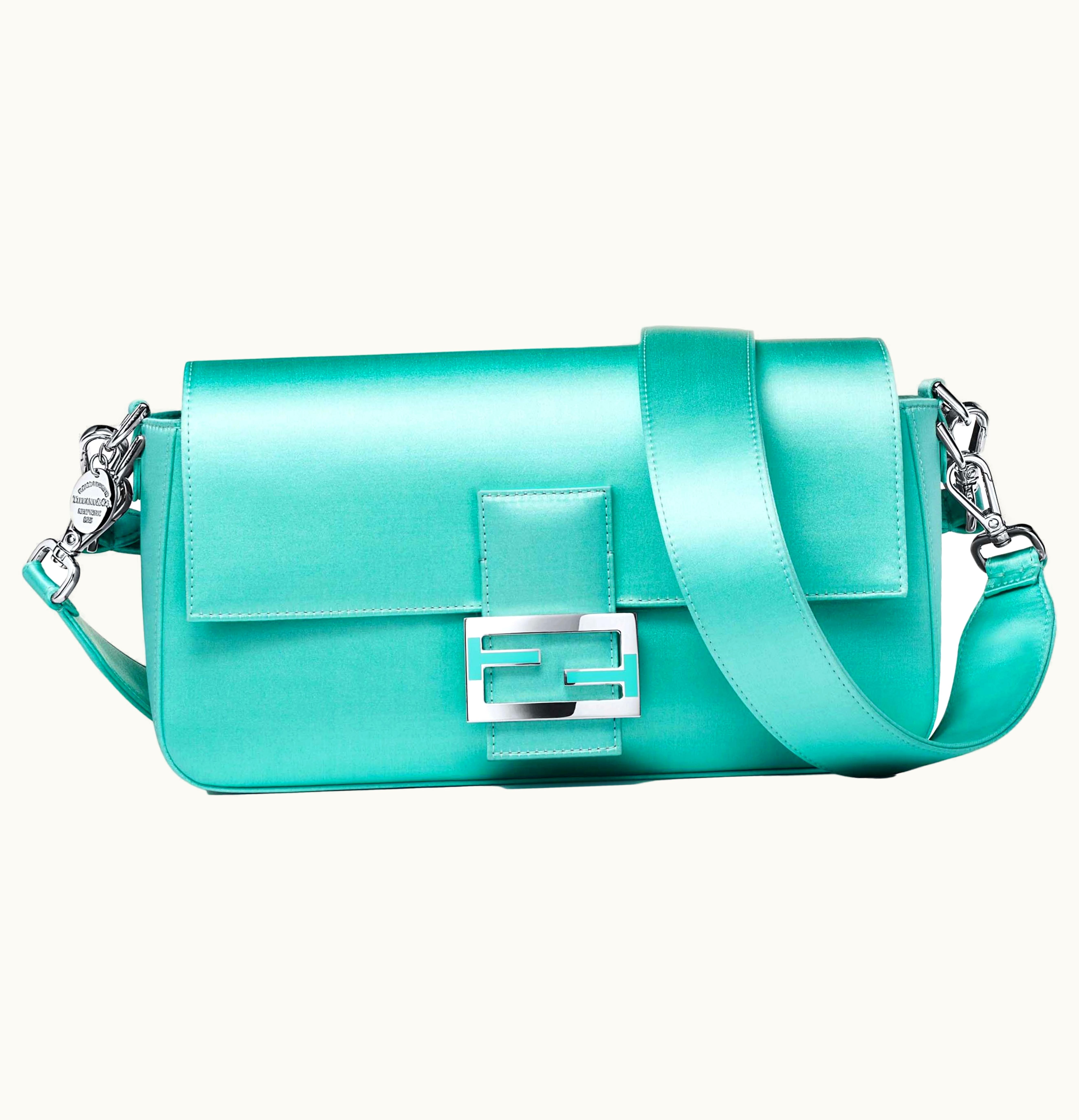 Fendi Tiffany x FENDI Medium Baguette in Tiffany Blue Silk Satin Silver and Enamel
