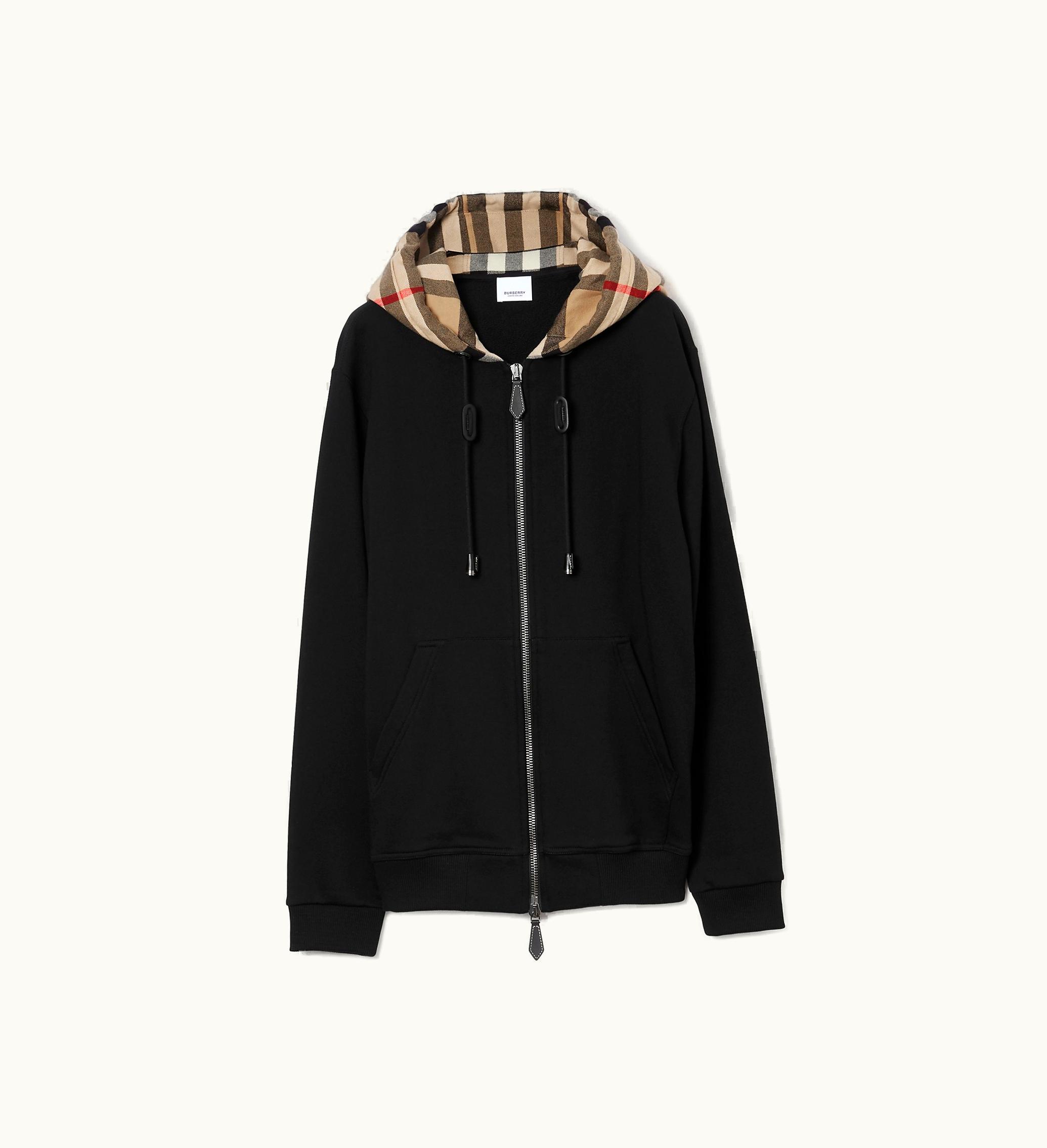 Burberry Burberry Check Trim Cotton Zip Hoodie In Black / Archive Beige - Men