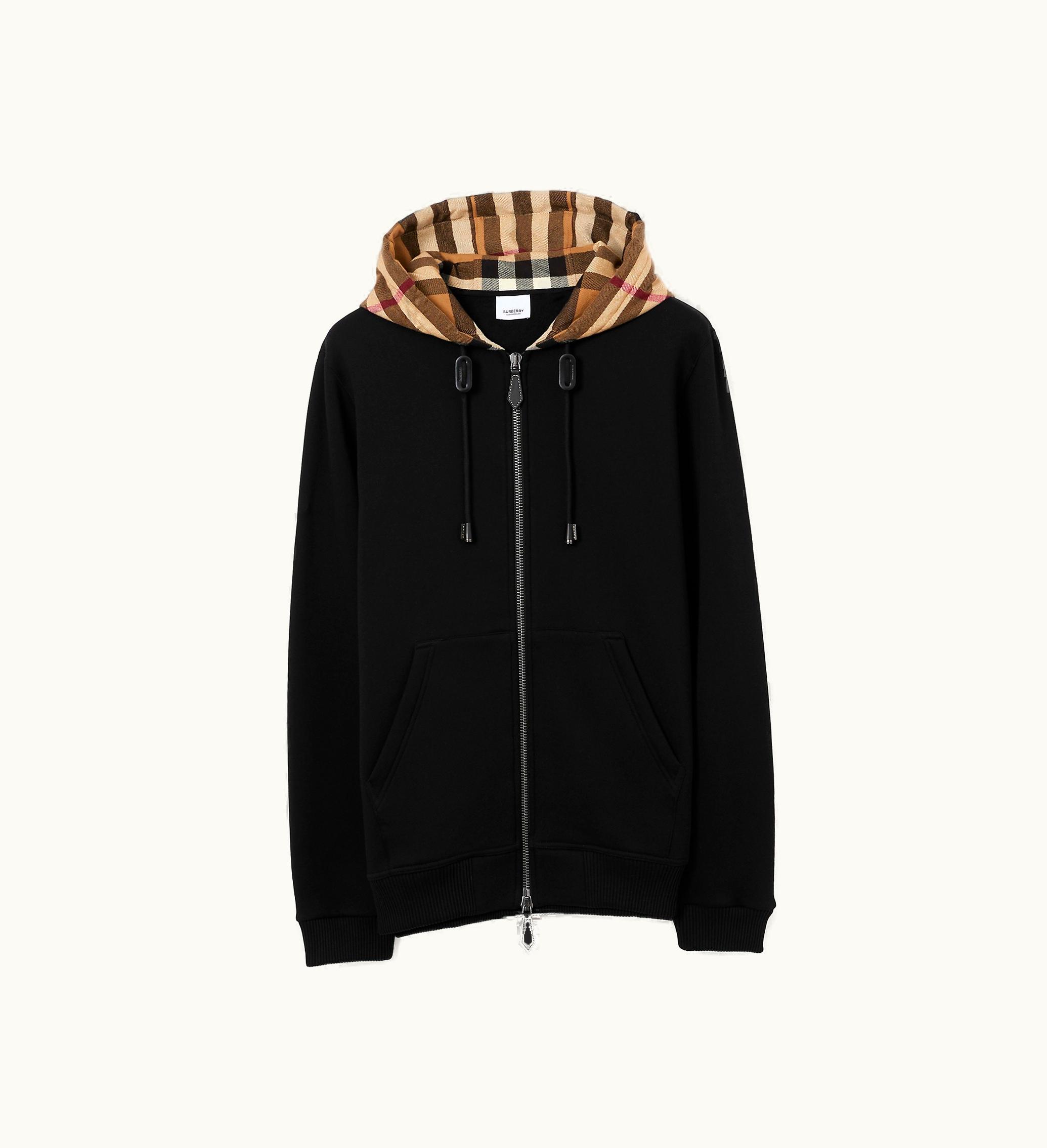 Burberry Burberry Check Hood Cotton Blend Zip Hoodie In Black / Birch Brown - Men