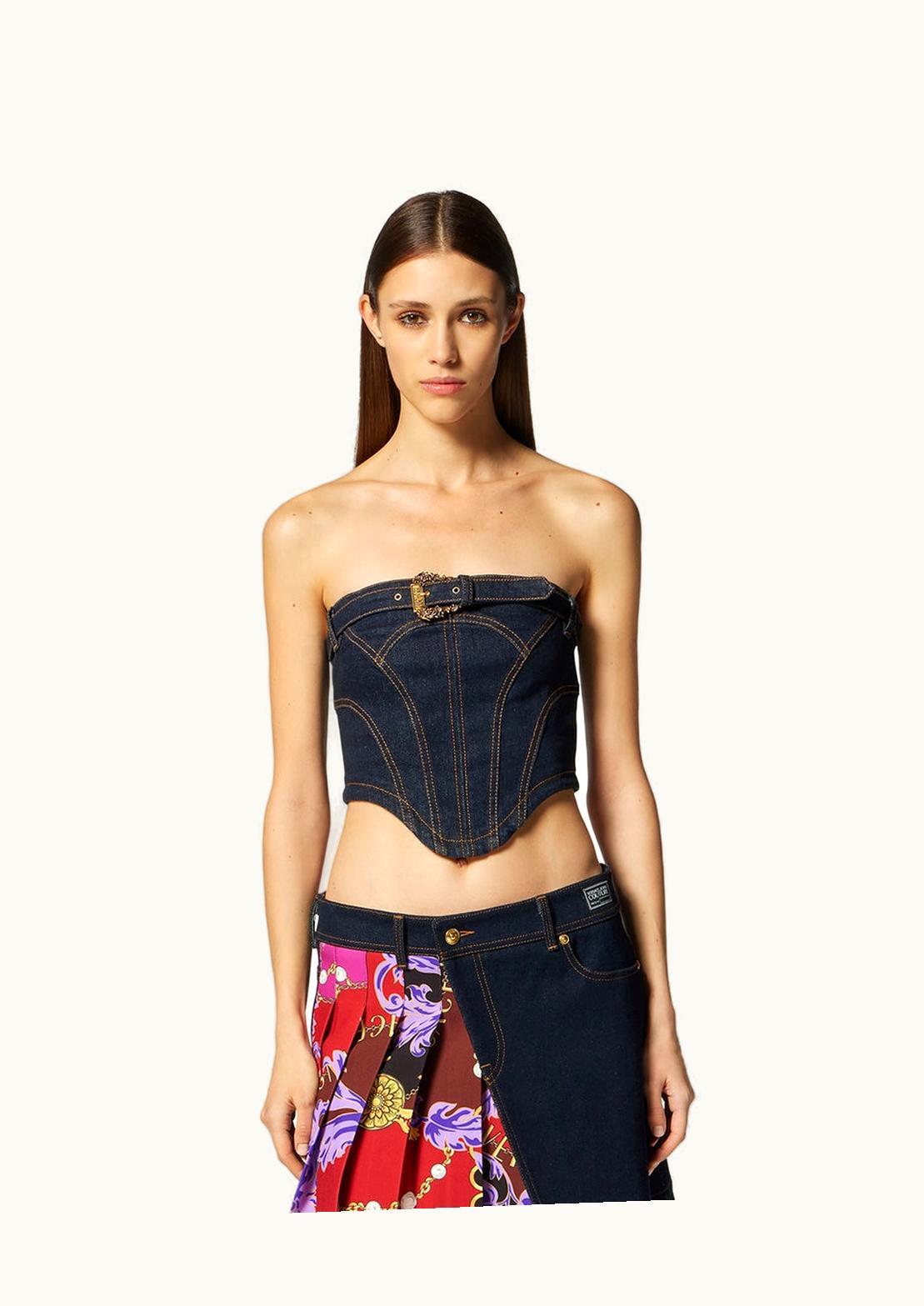 Versace Versace Baroque Buckle Denim Bustier Top Blue