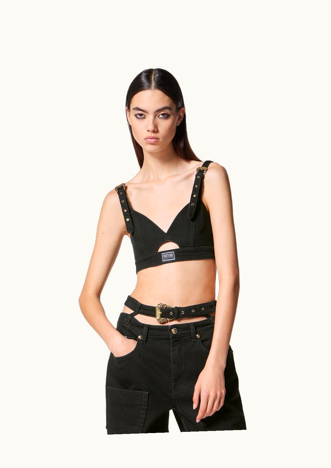 Versace Versace Baroque Buckle Denim Crop Top Black