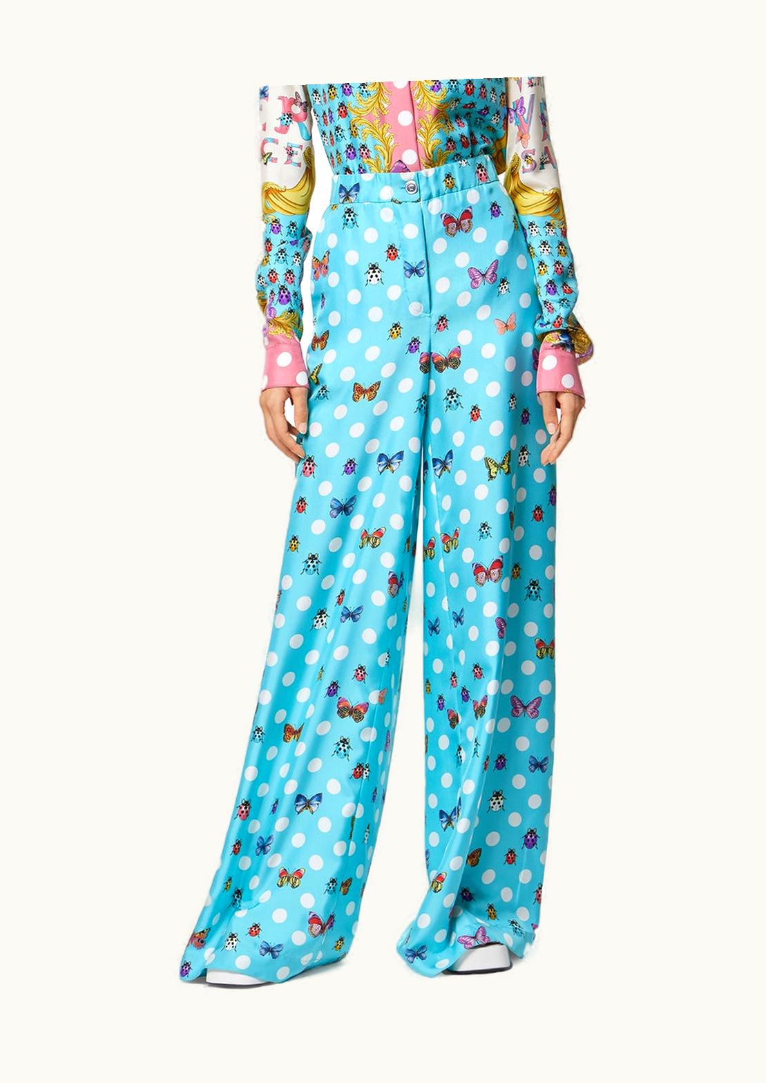 Versace Versace Hidden Button Placket Silk Trousers Butterflies and Ladybugs Print, Blue