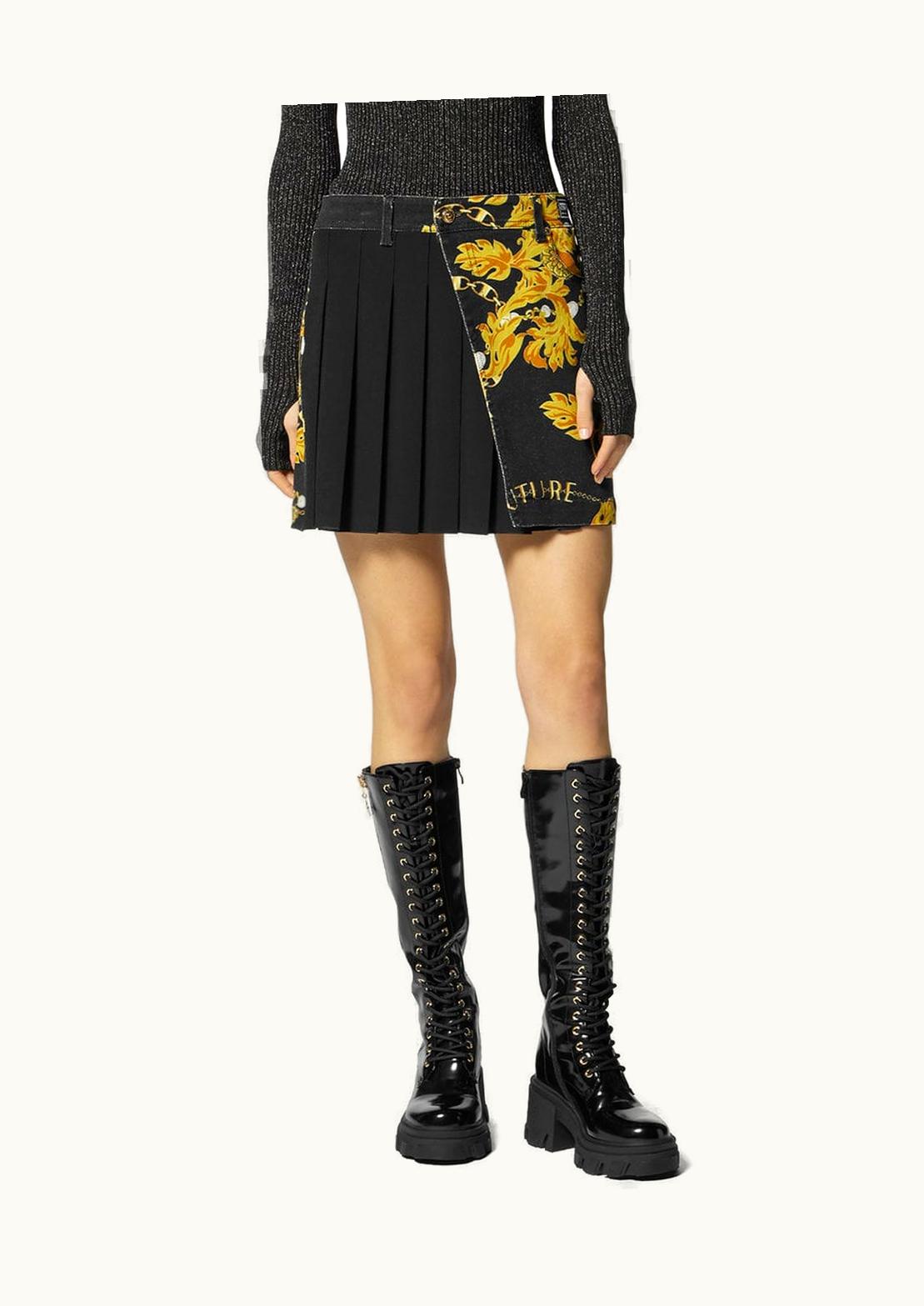 Versace Chain Couture Pleated Denim Mini Skirt Black, Gold