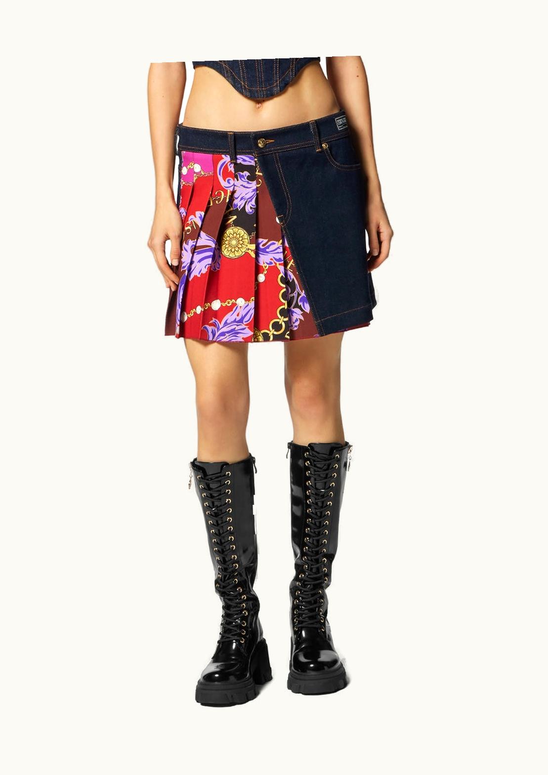 Versace Chain Couture Pleated Denim Mini Skirt Blue