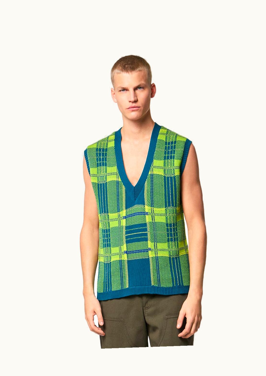 Versace Checked Cable-Knit Vest Blue, Yellow