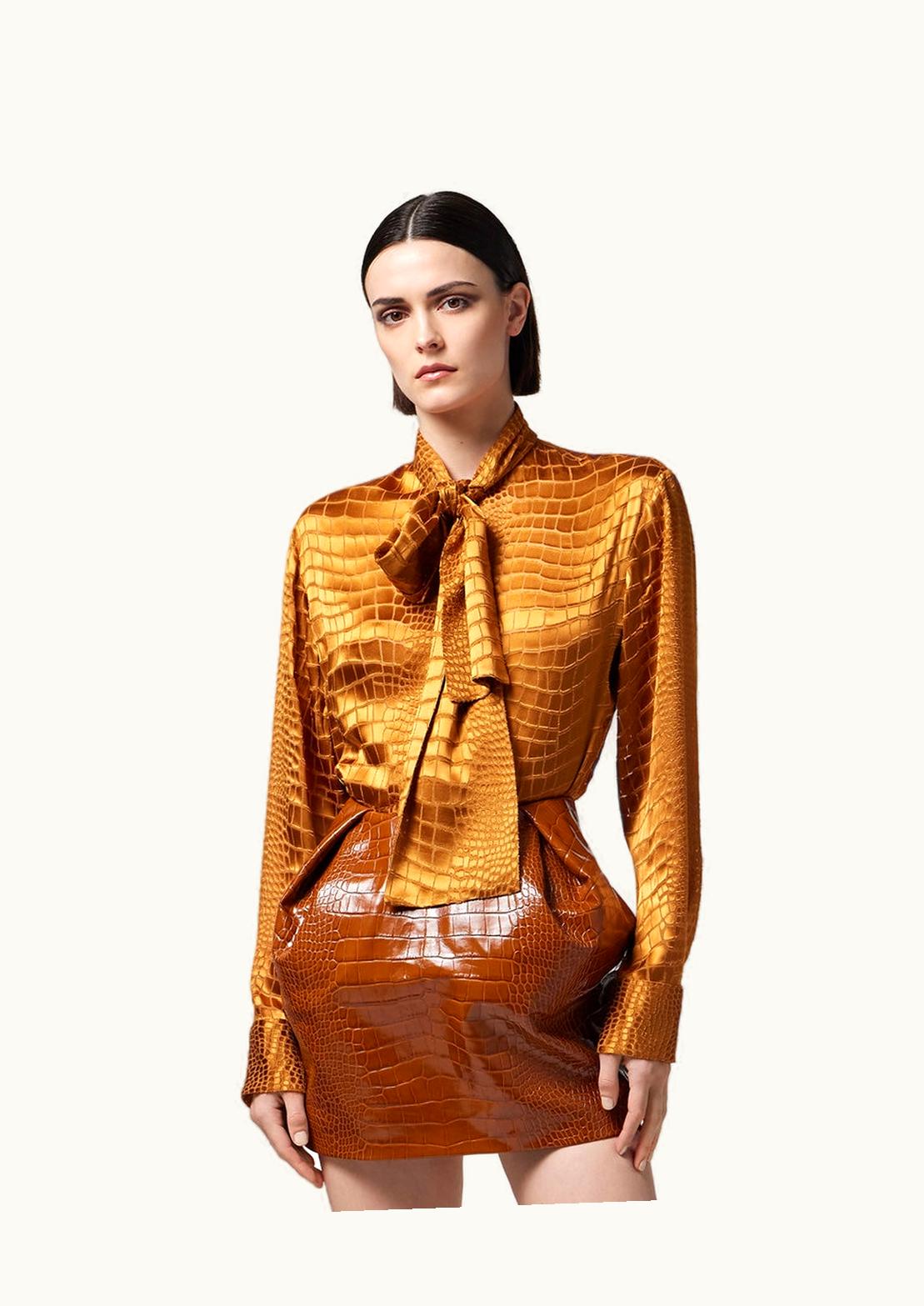Versace Croc-Effect Devoré Scarf-Tie Shirt Orange
