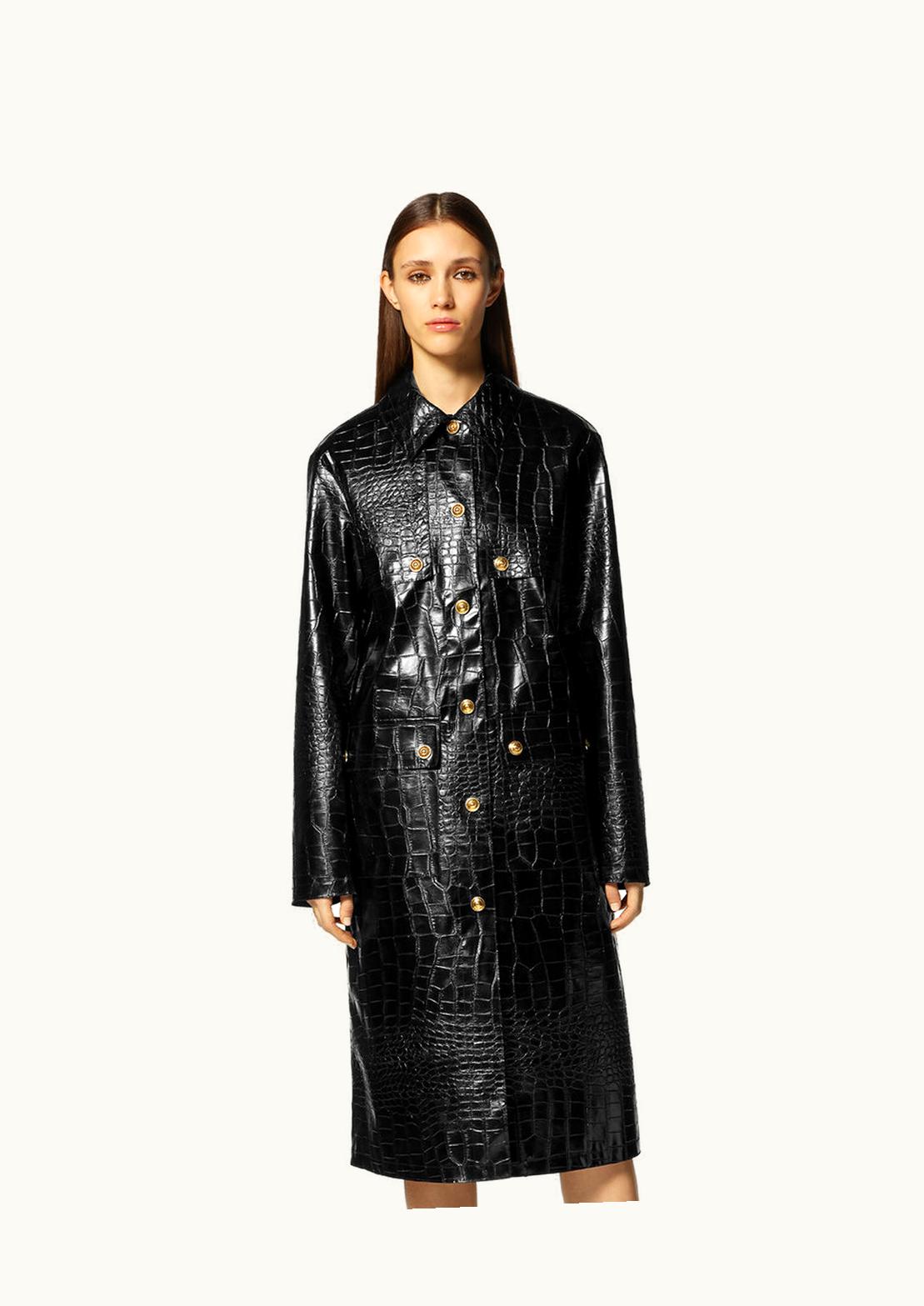 Versace V-Emblem Croc-Effect Trench Coat Black