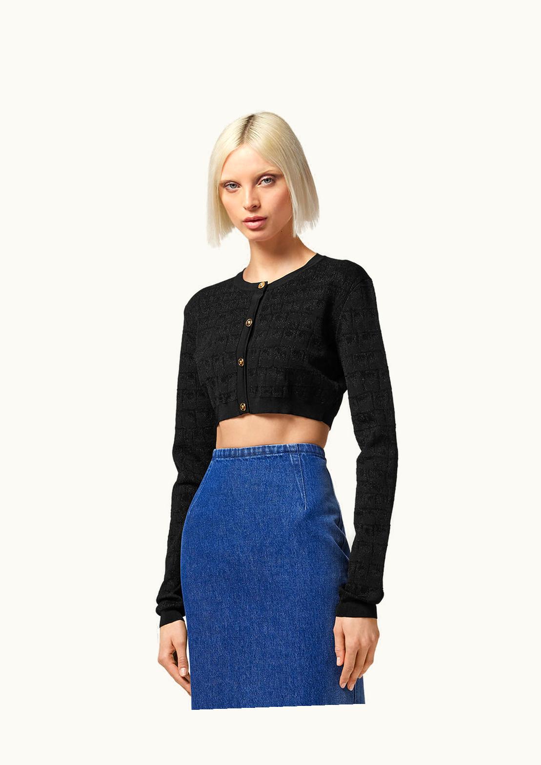 Versace Croc-Jacquard Knit Crop Cardigan Black