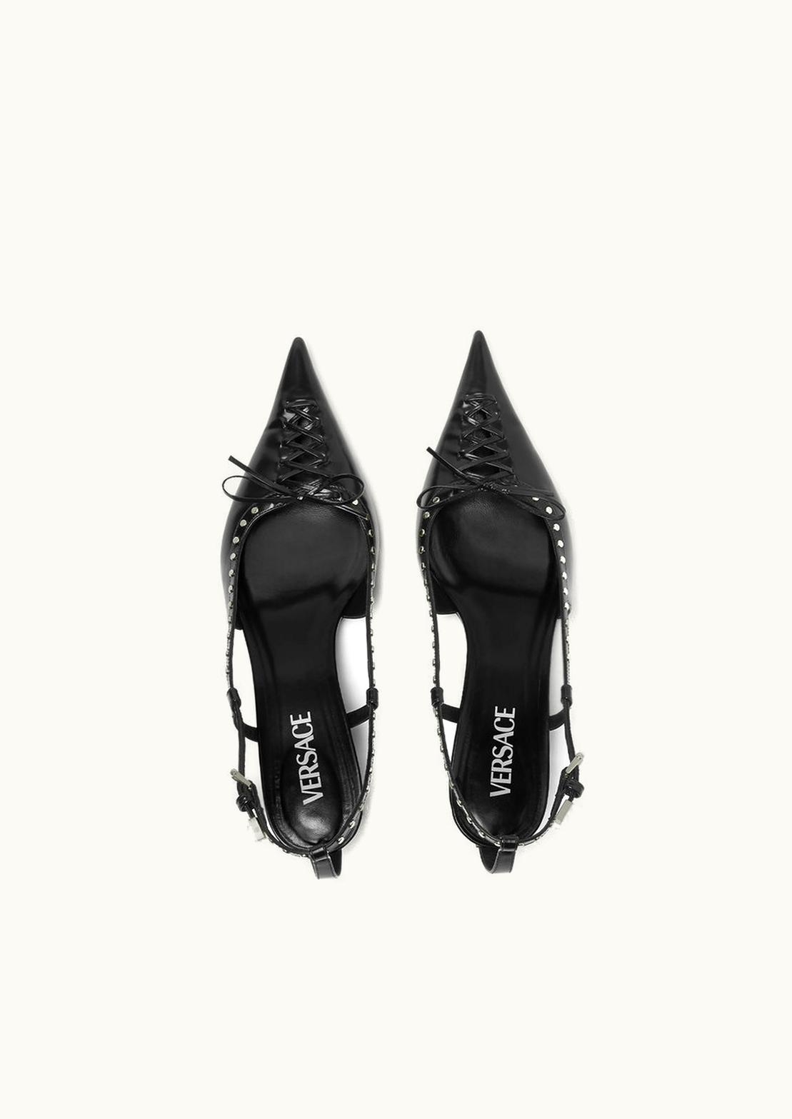 Versace Versace Curved Stud Lace-Up Kitten Heel Slingback Pumps Black Silver