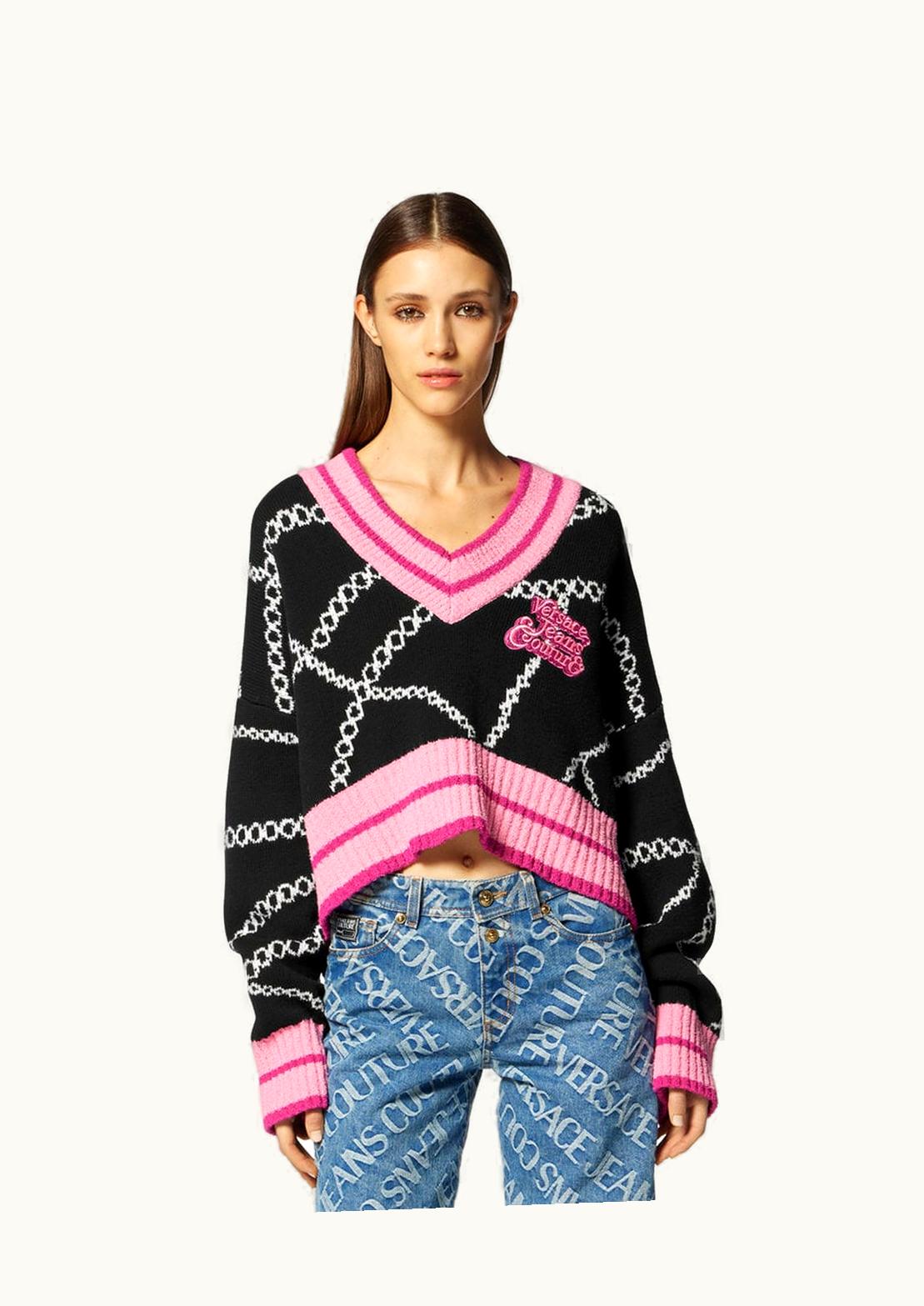 Versace Versace Necklace Print Cable-Knit Crop Jumper Black
