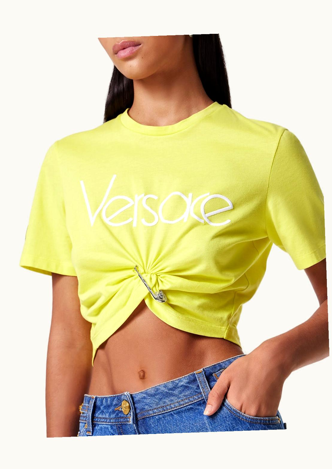 Versace Versace 1978 Re-Edition Logo Safety Pin Crop T-Shirt Yellow