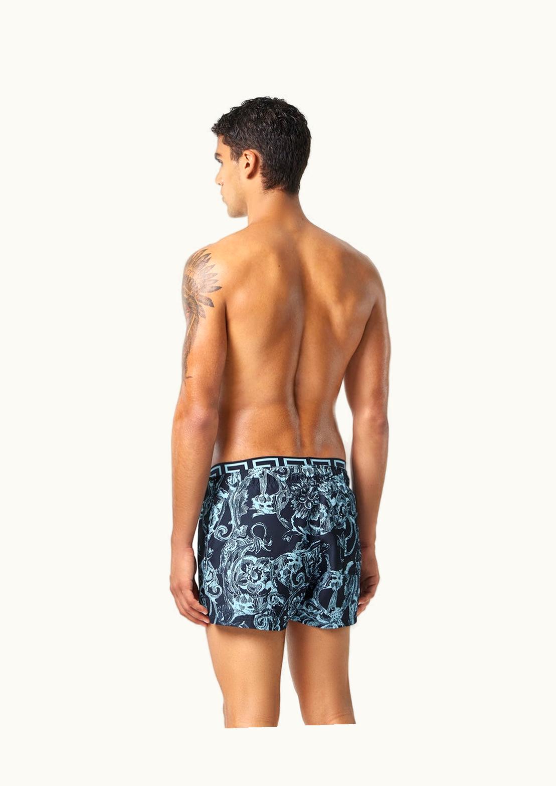 Versace Versace Barocco Stencil Logo Waistband Swim Shorts Blue