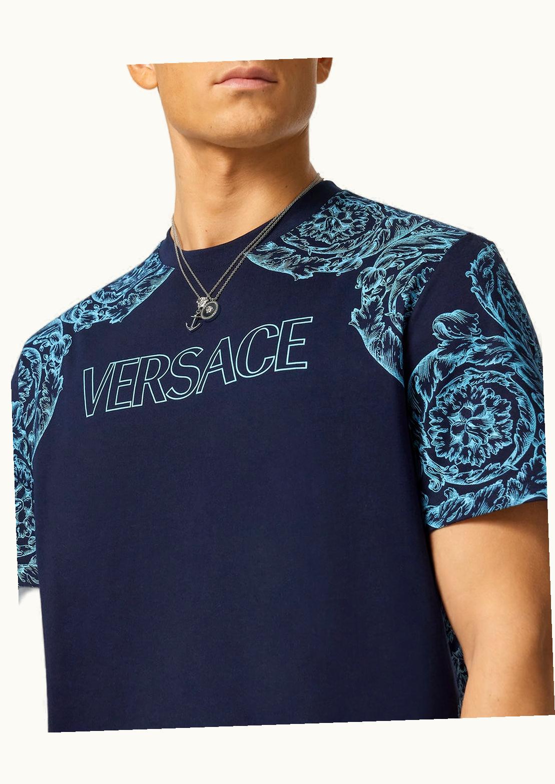Versace Versace Barocco Stencil Cotton T-Shirt Blue