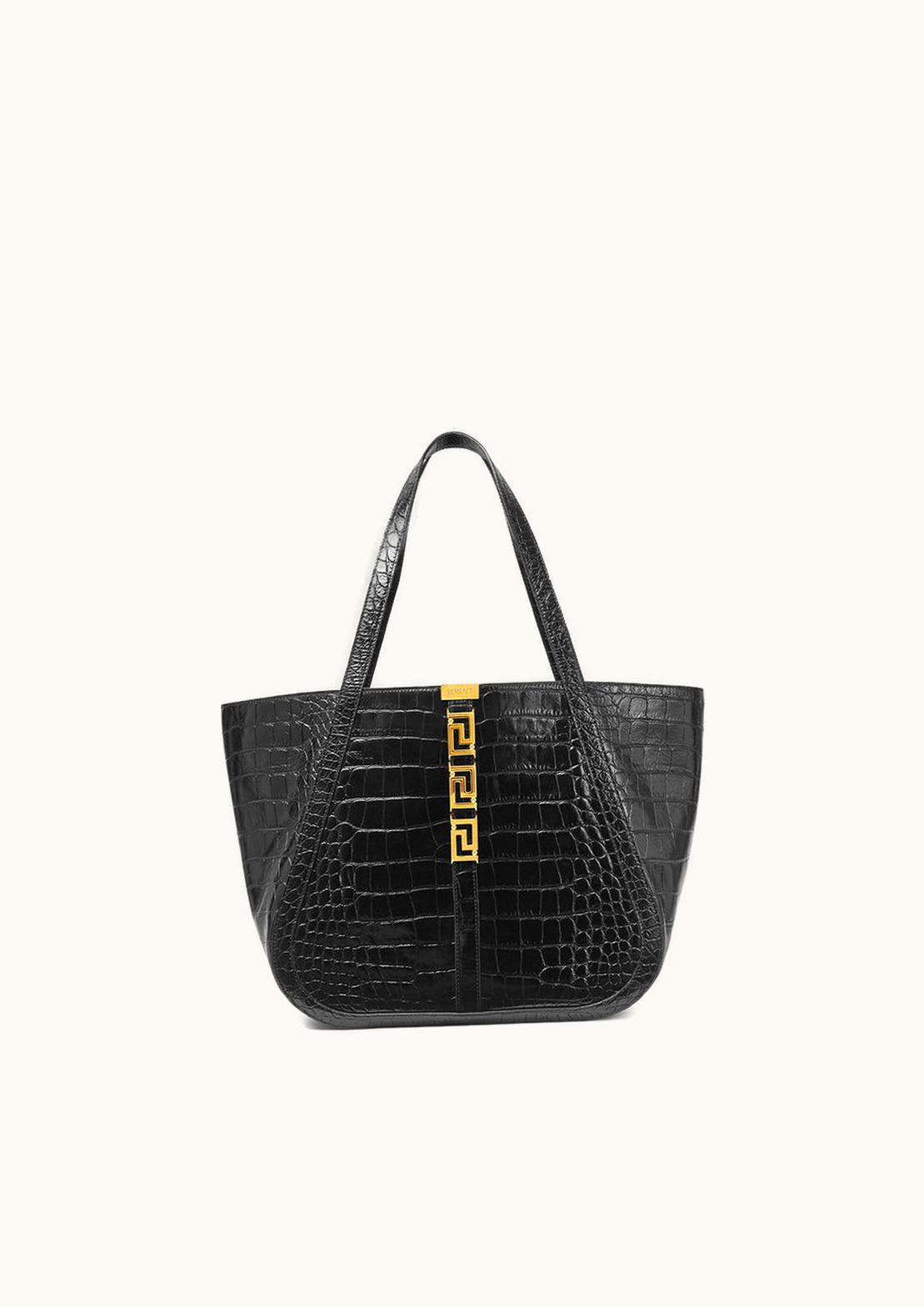 Versace Versace Croc-Effect Greca Goddess Large Tote Bag Black, Gold