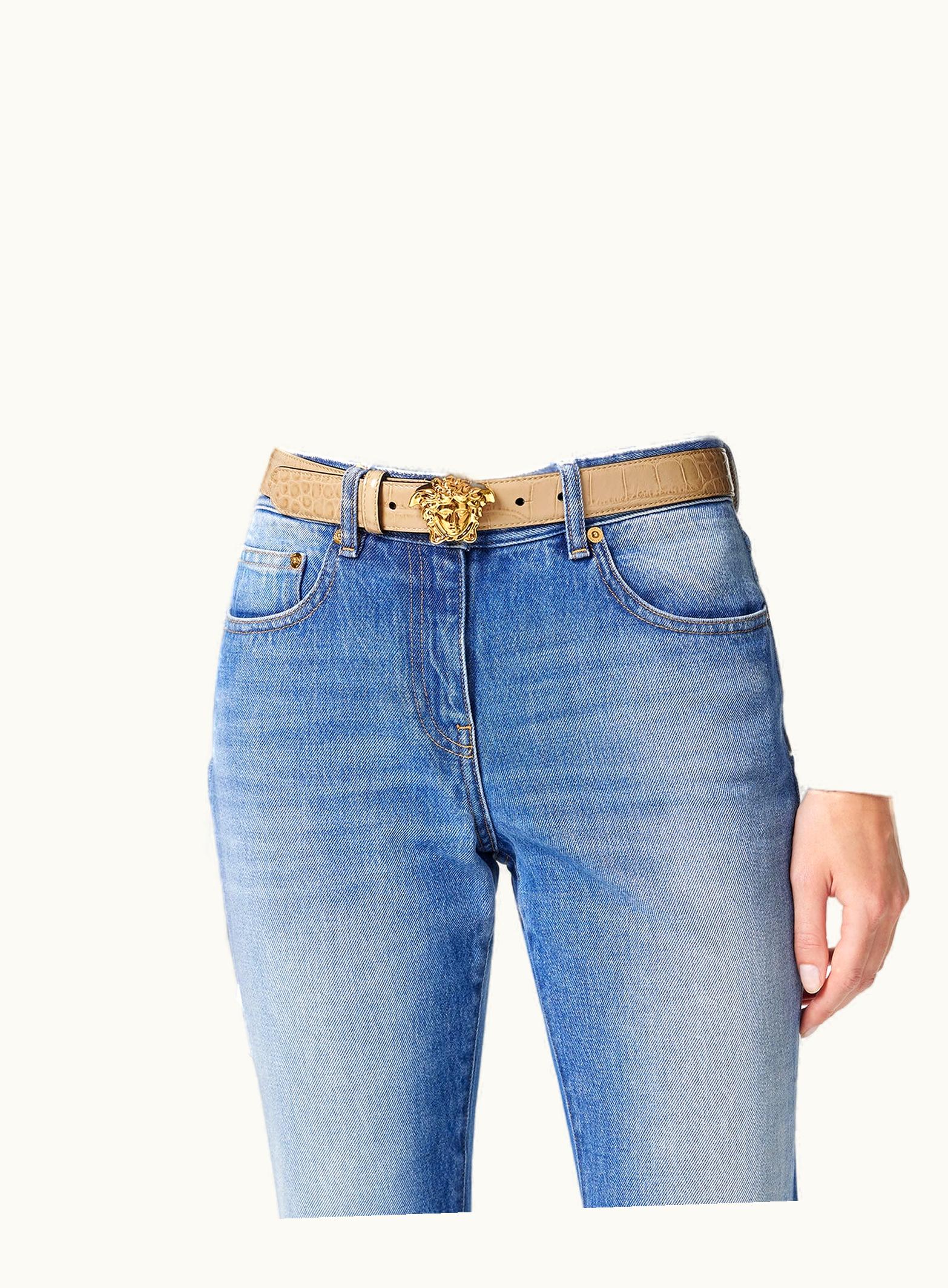 Versace Versace Croc-Effect La Medusa Leather Belt Beige