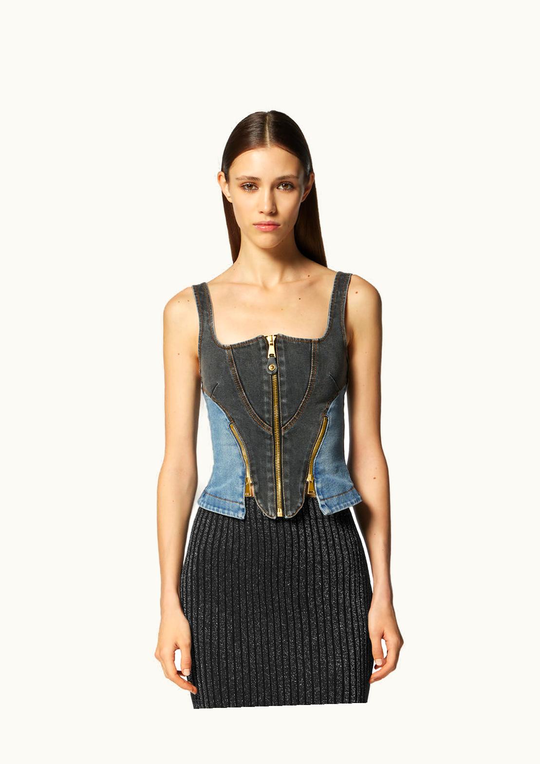Versace Versace Denim Bustier Top Gray with Two-Toned Detailing and V-Emblem Hardware