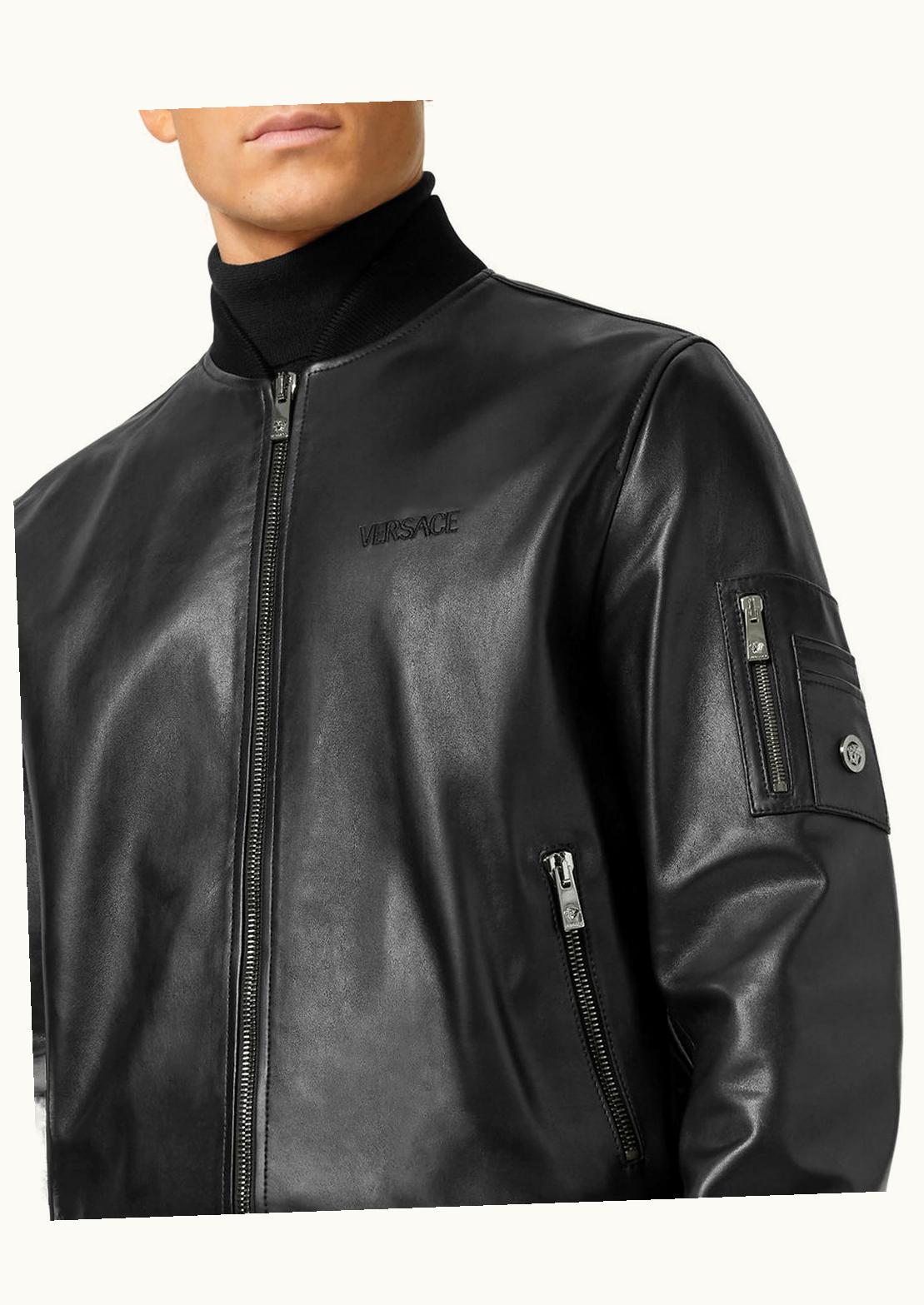 Versace Versace Barocco Embroidered Leather Bomber Jacket Black