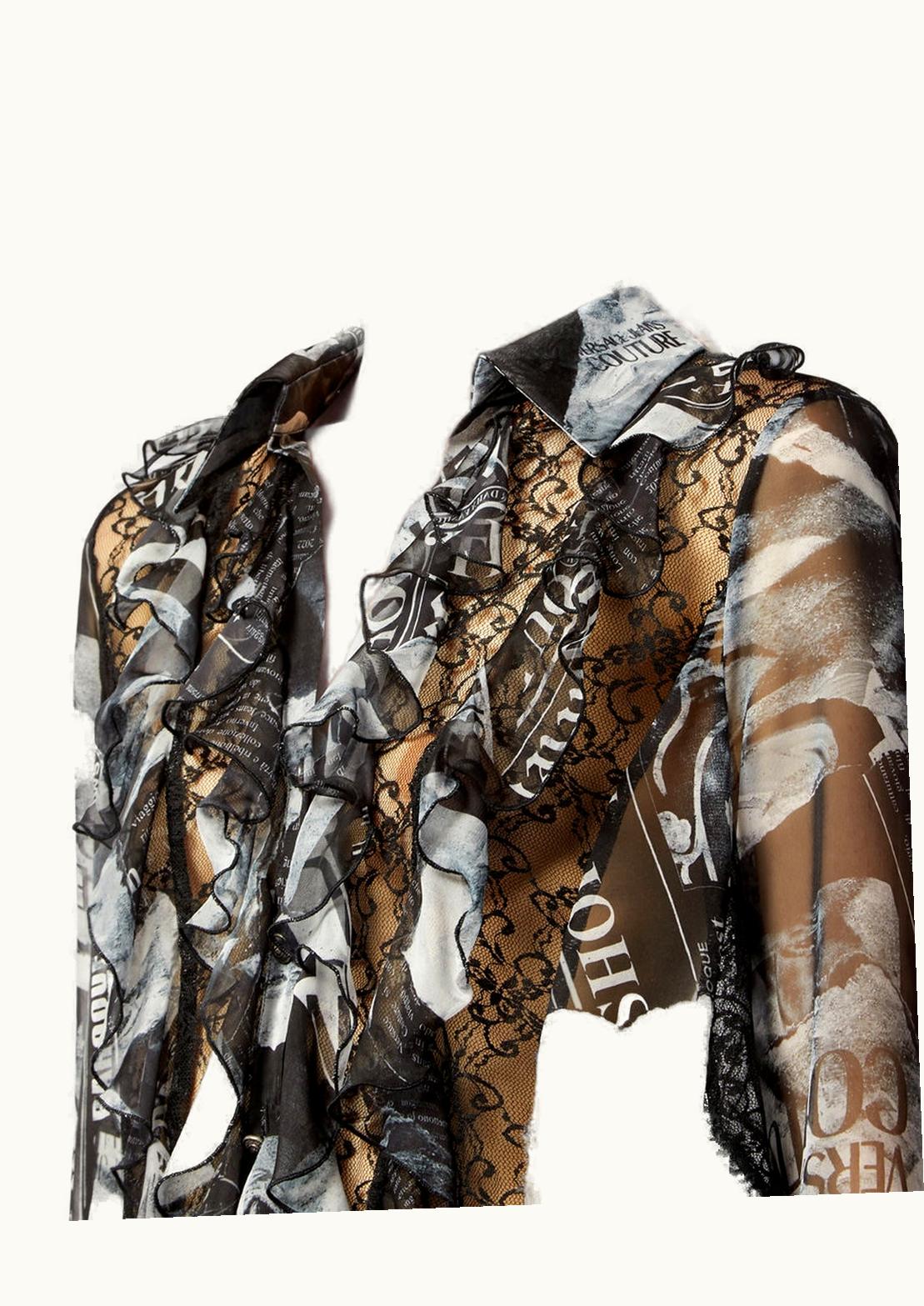 Versace Versace Sheer Shirt Magazine Lace Panel Ruffle Black