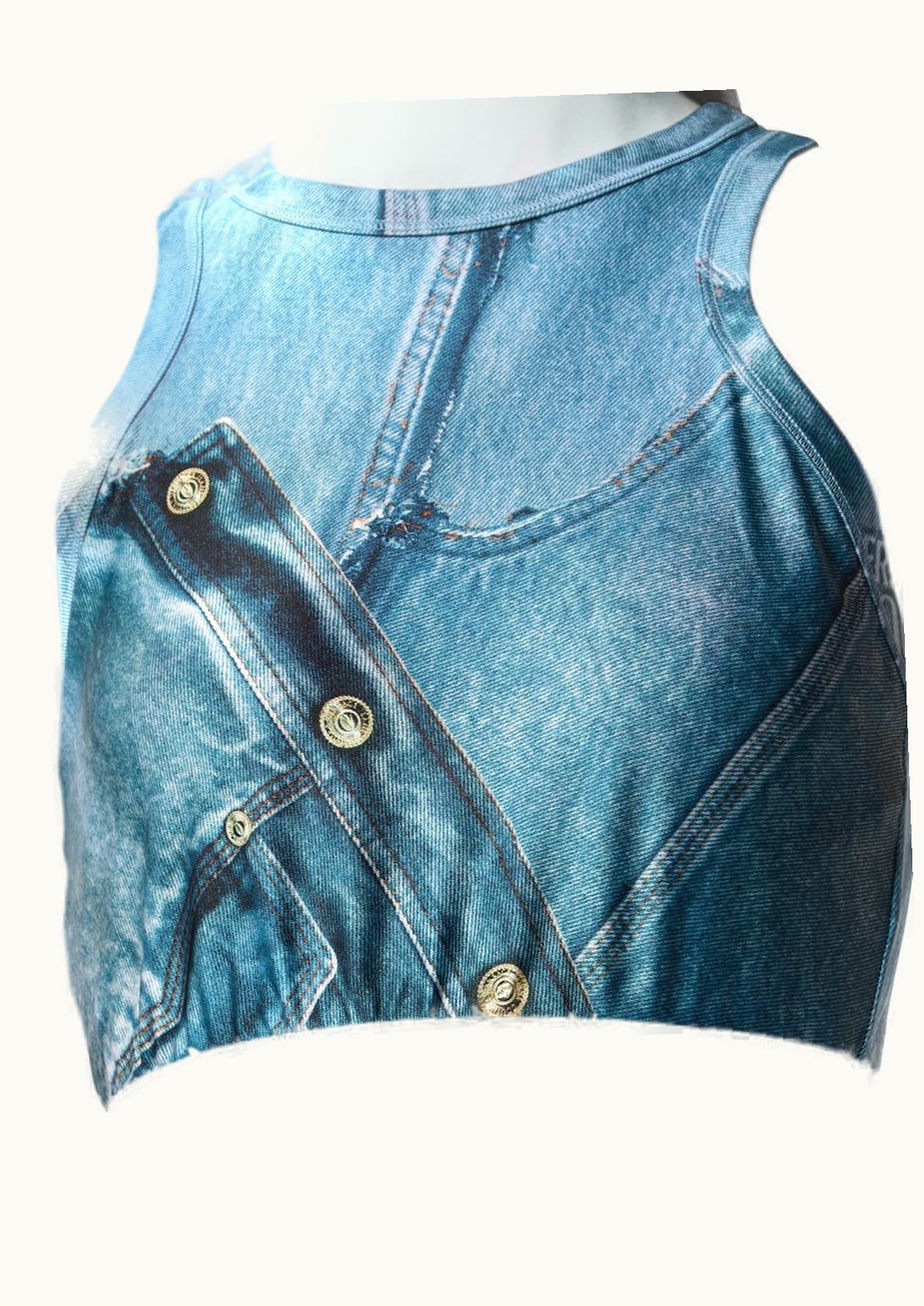 Versace Versace Patchwork Denim Crop Top Blue, Print