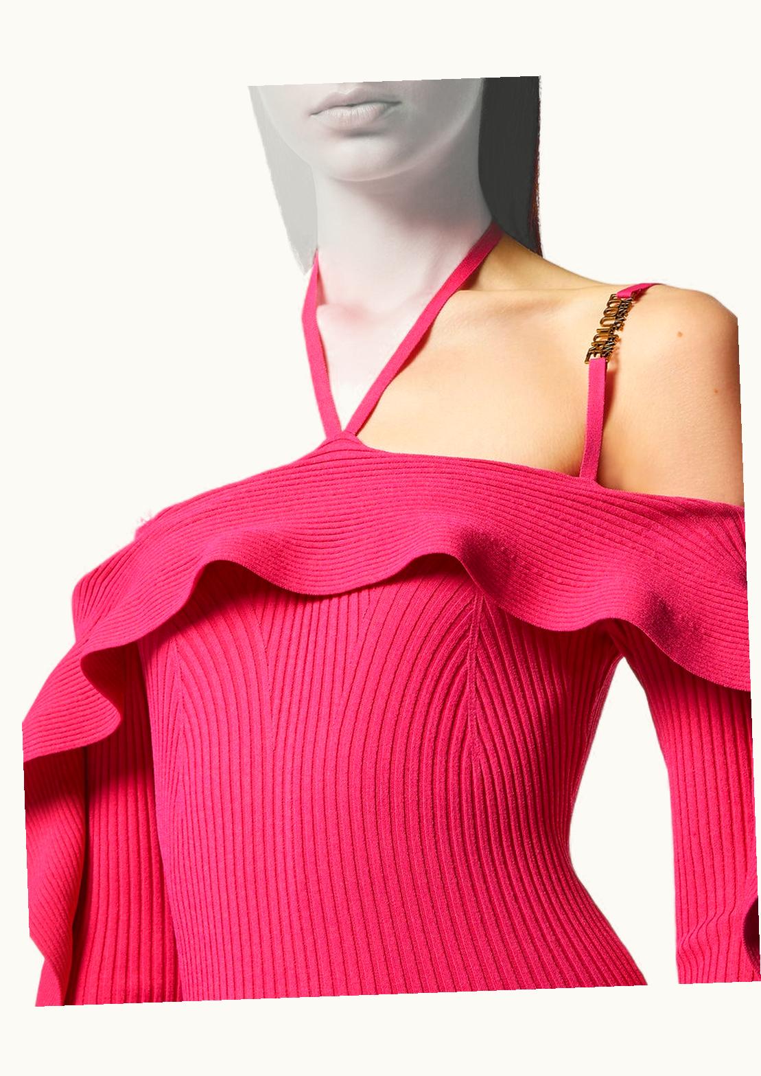 Versace Versace Ruffled Ribbed Knit Long Dress Pink