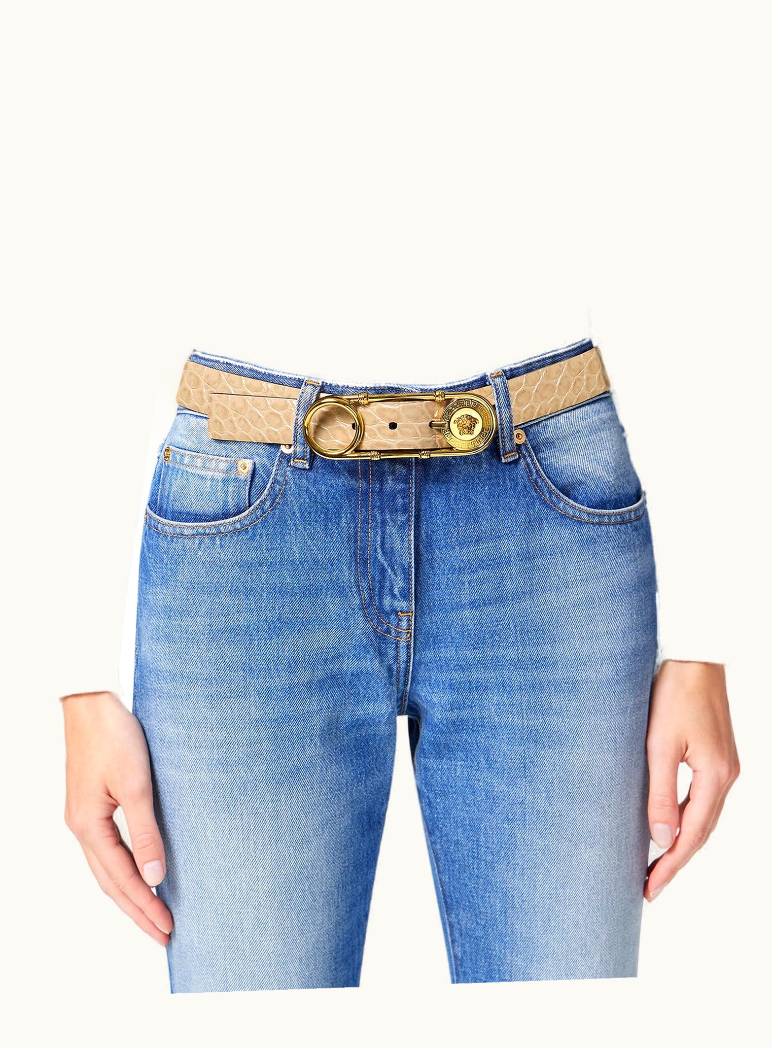 Versace Versace Safety Pin Croc-Effect Belt Beige