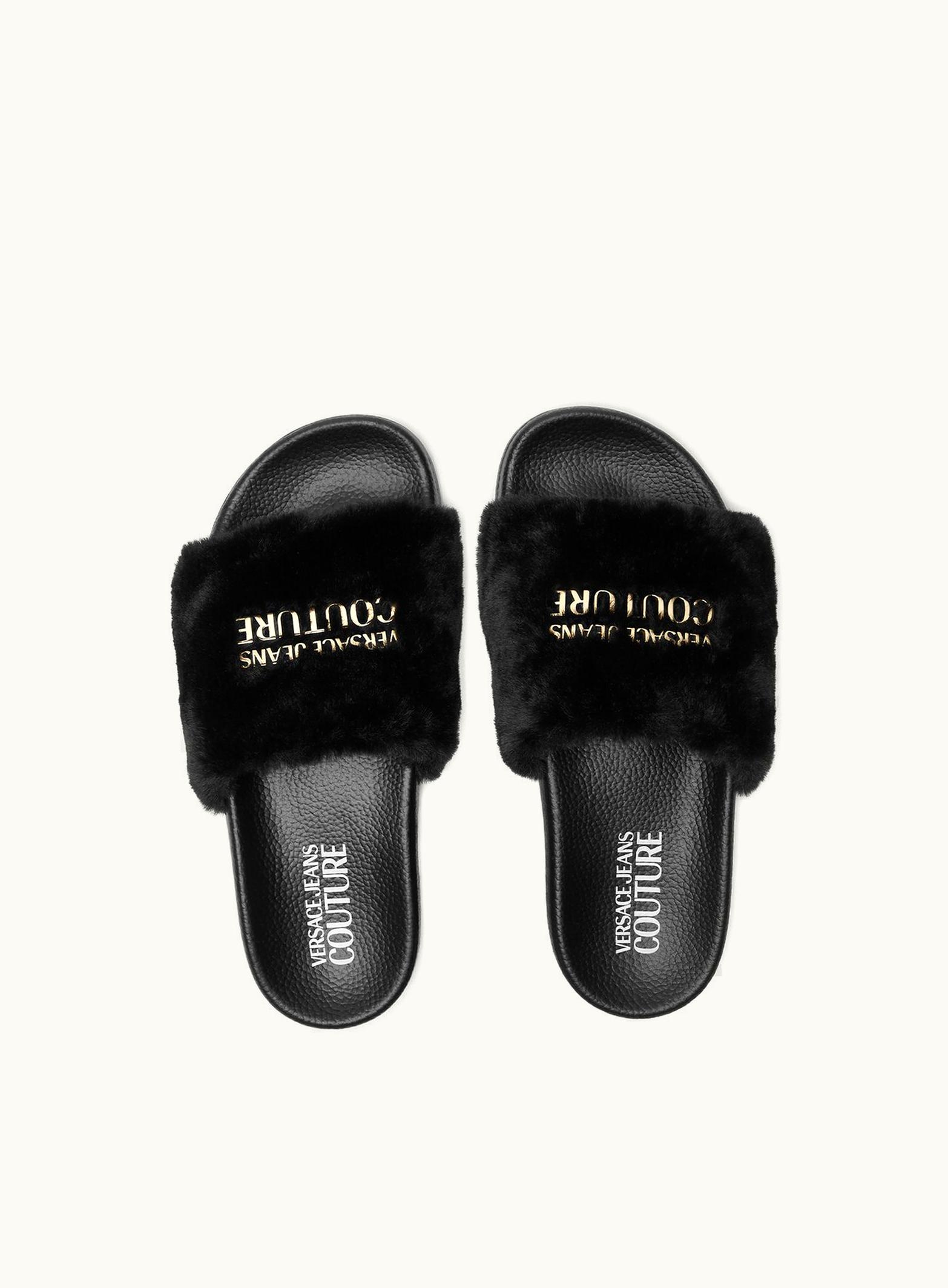 Versace Versace Institutional Shelly Faux-Fur Sliders Black