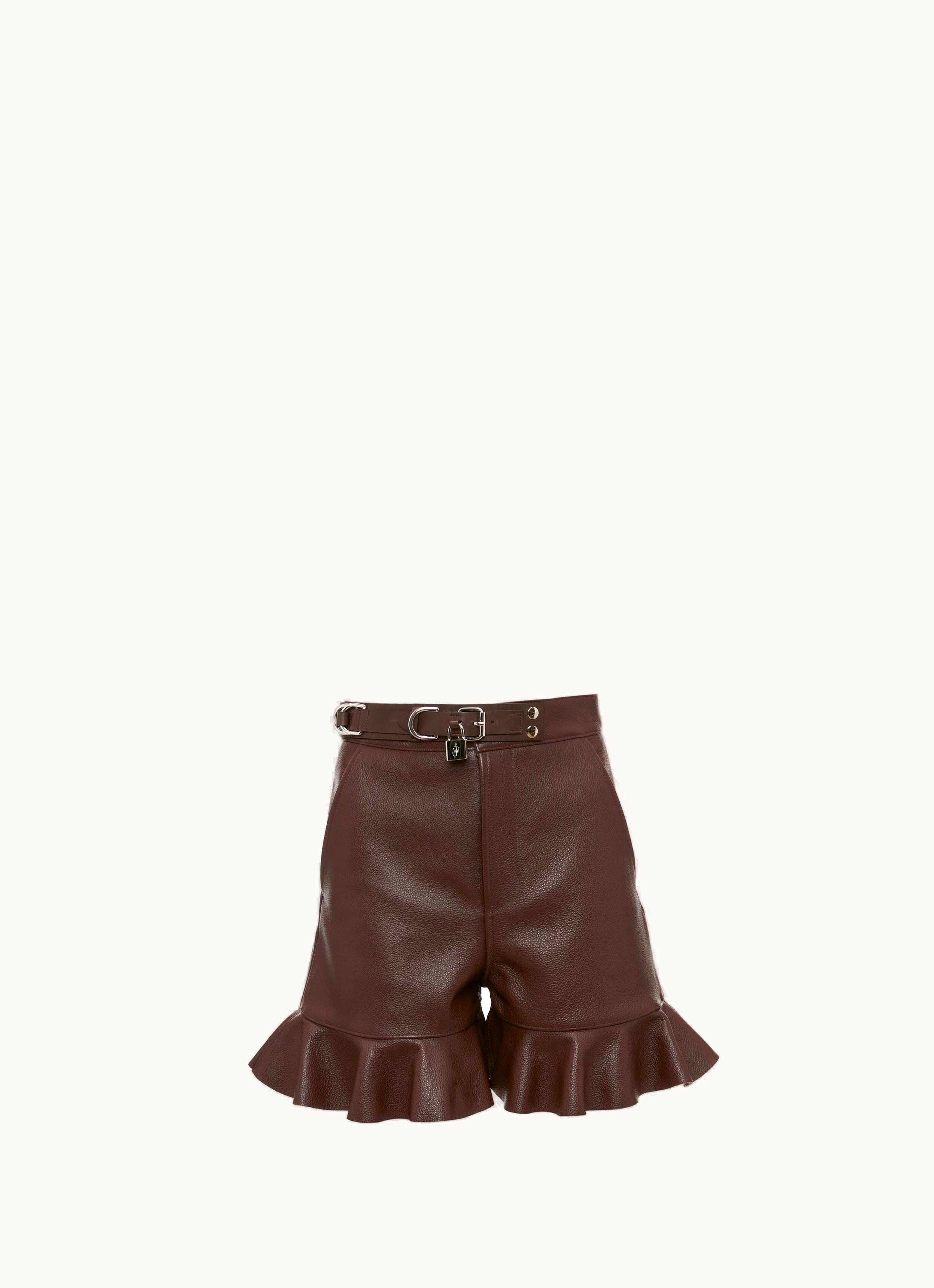 JW Anderson JW Anderson Padlock Strap Ruffled Leather Shorts In Brown