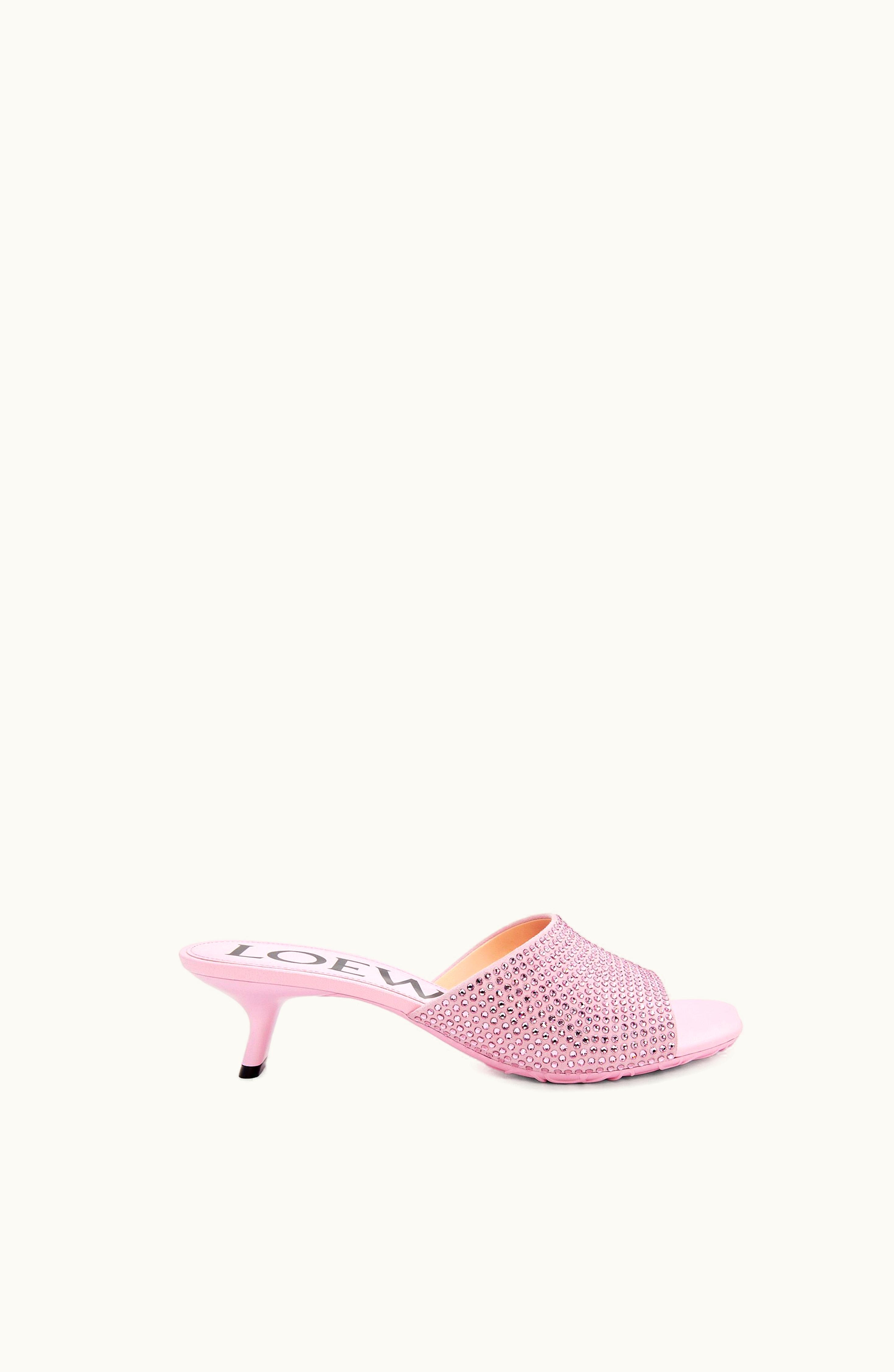 Loewe Loewe Petal Kitten Heel Slide In Suede And Allover Rhinestones Bonbon