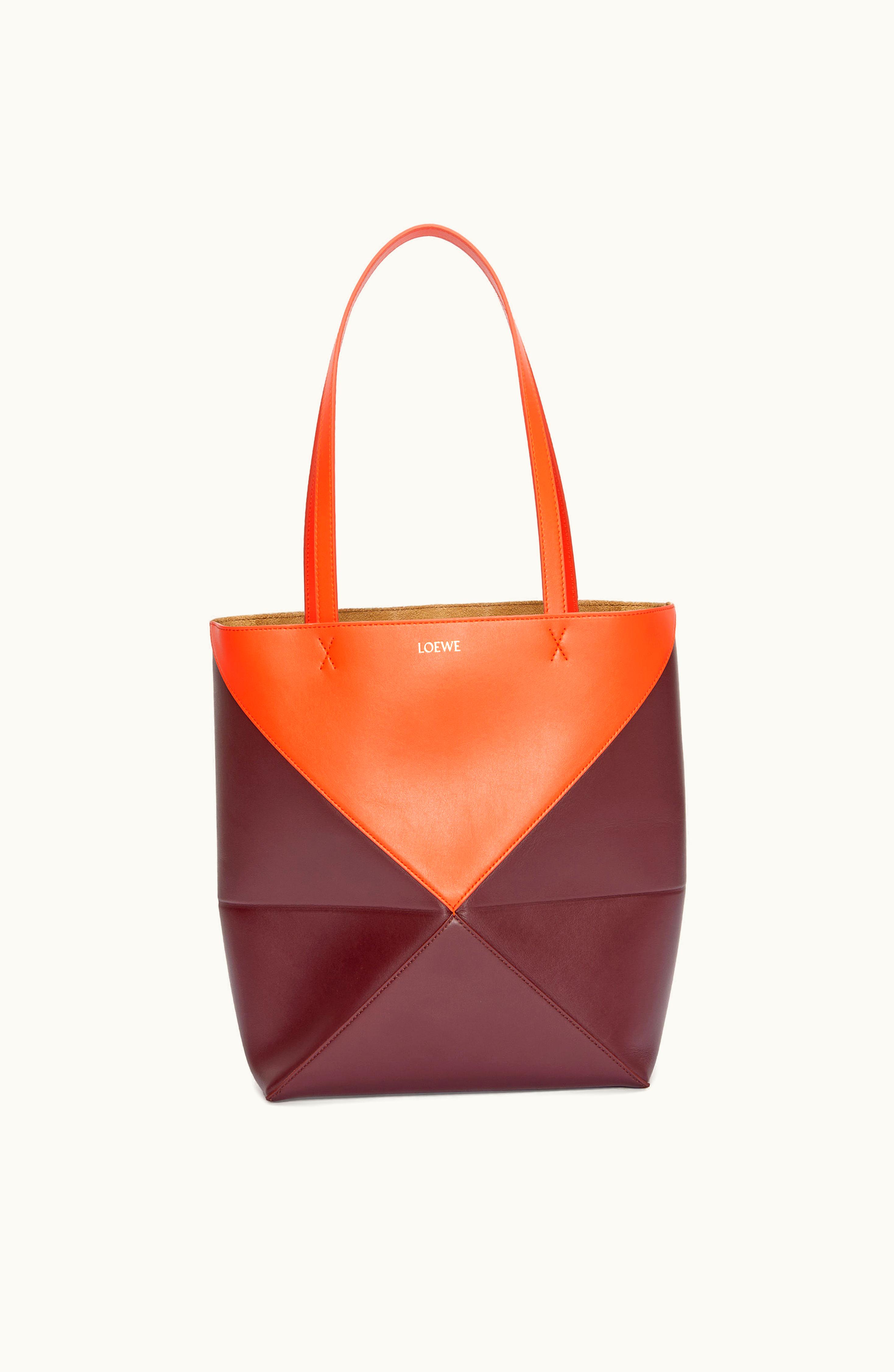 Loewe Loewe Puzzle Fold Tote In Shiny Calfskin Vivid Orange / Burgundy