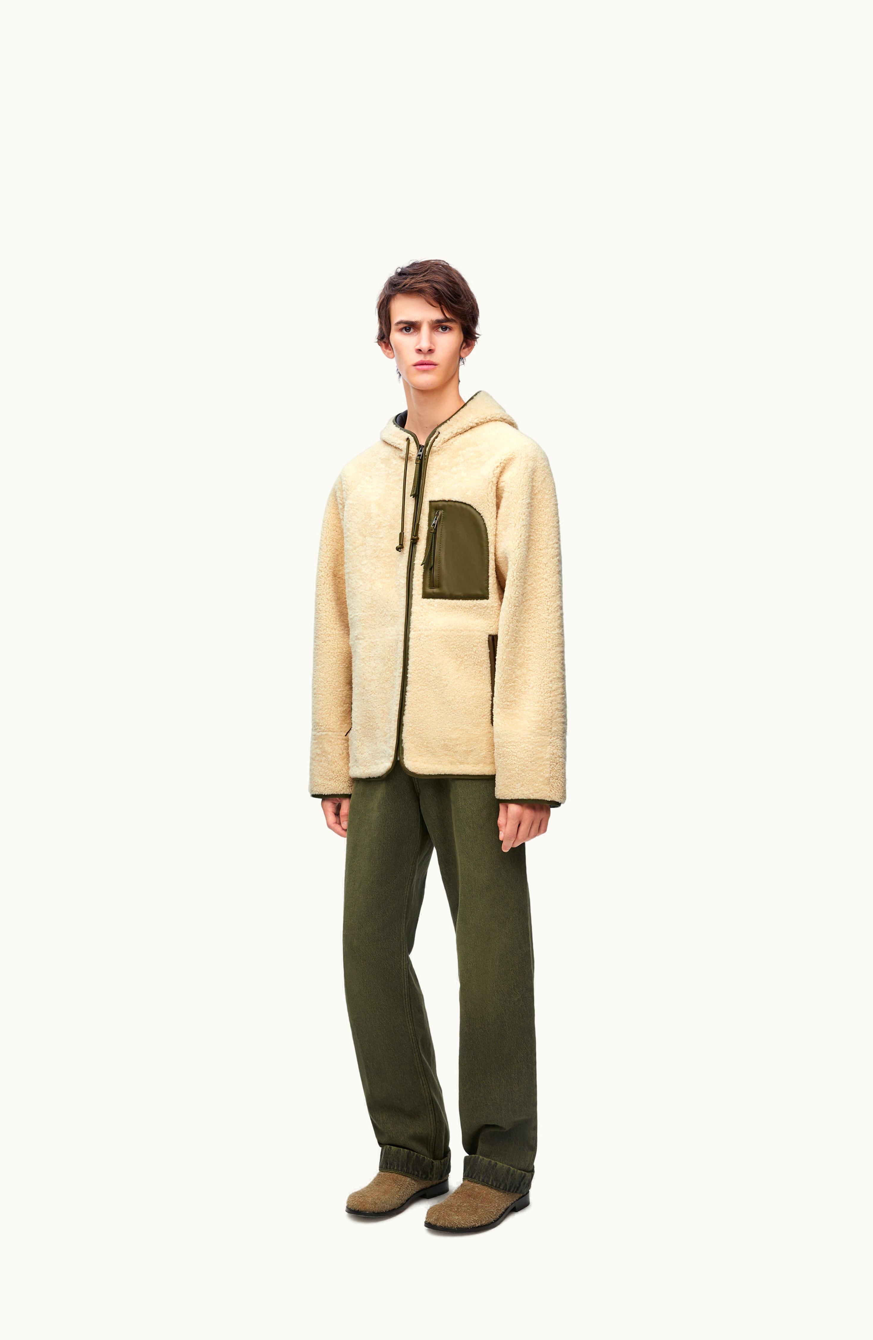 Loewe Loewe Hooded Jacket In Shearling Natural / Khaki Green