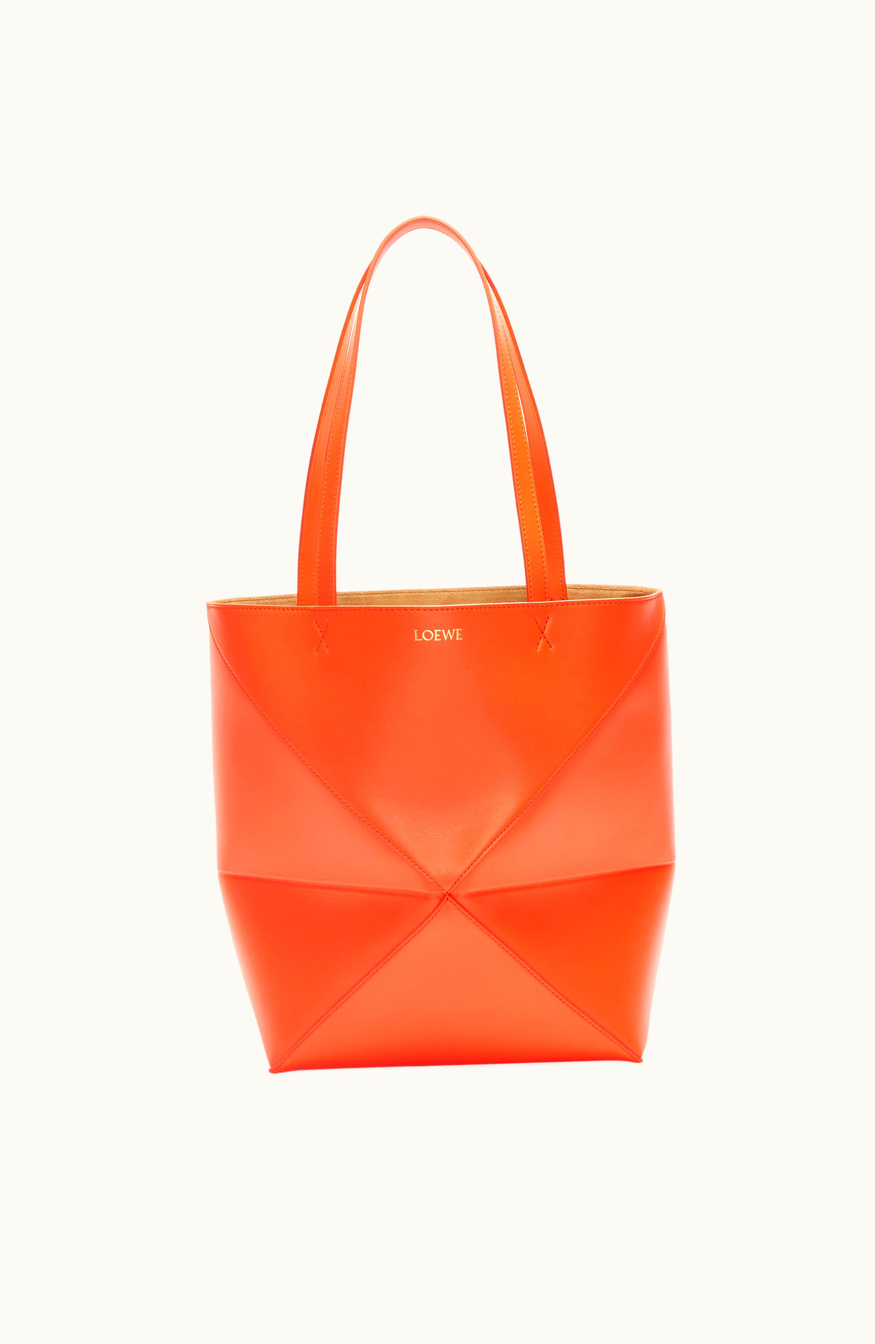 Loewe Loewe Puzzle Fold Tote In Shiny Calfskin Vivid Orange