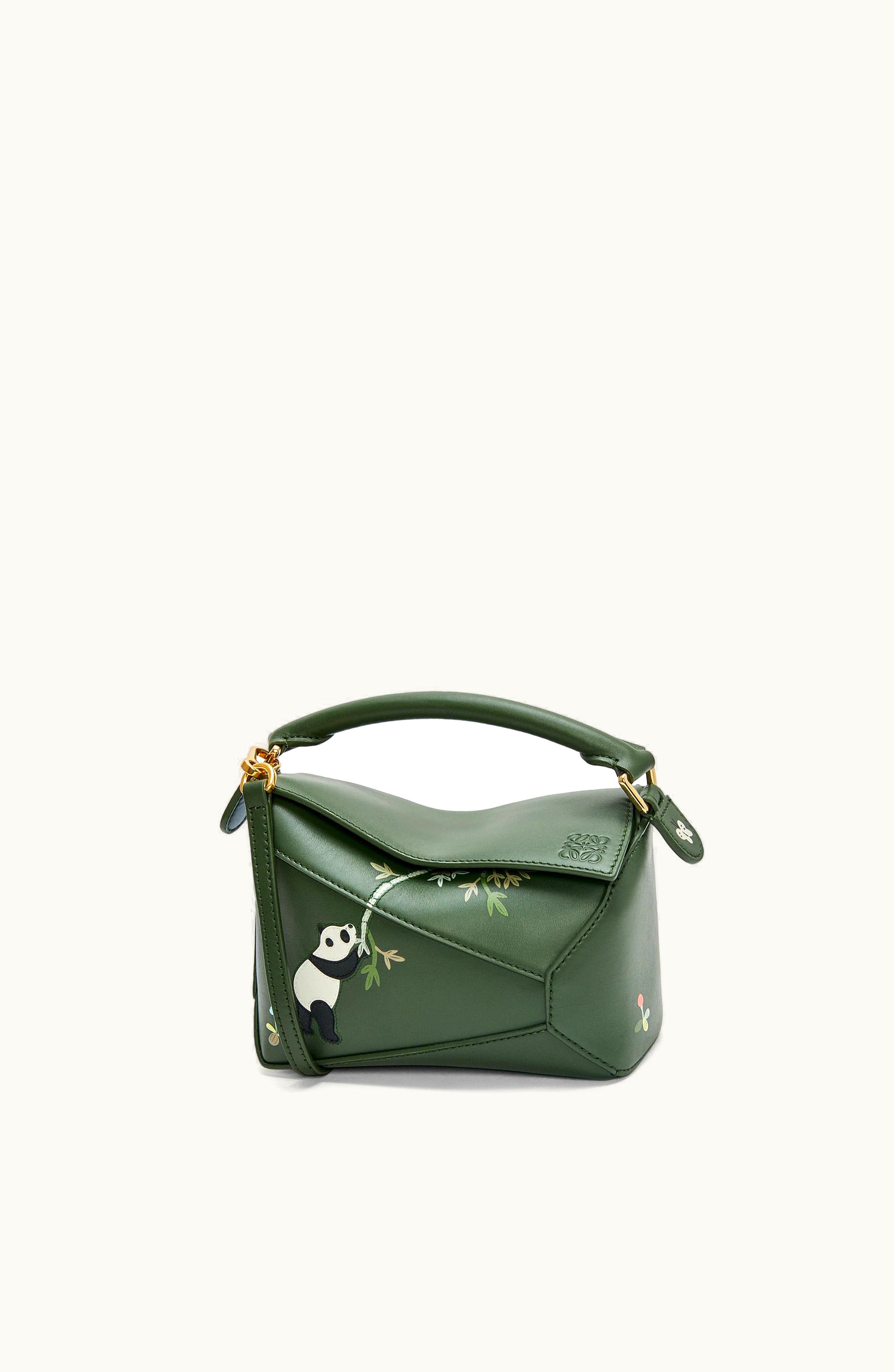 Loewe Loewe Panda Mini Puzzle Bag In Satin Calfskin Bottle Green