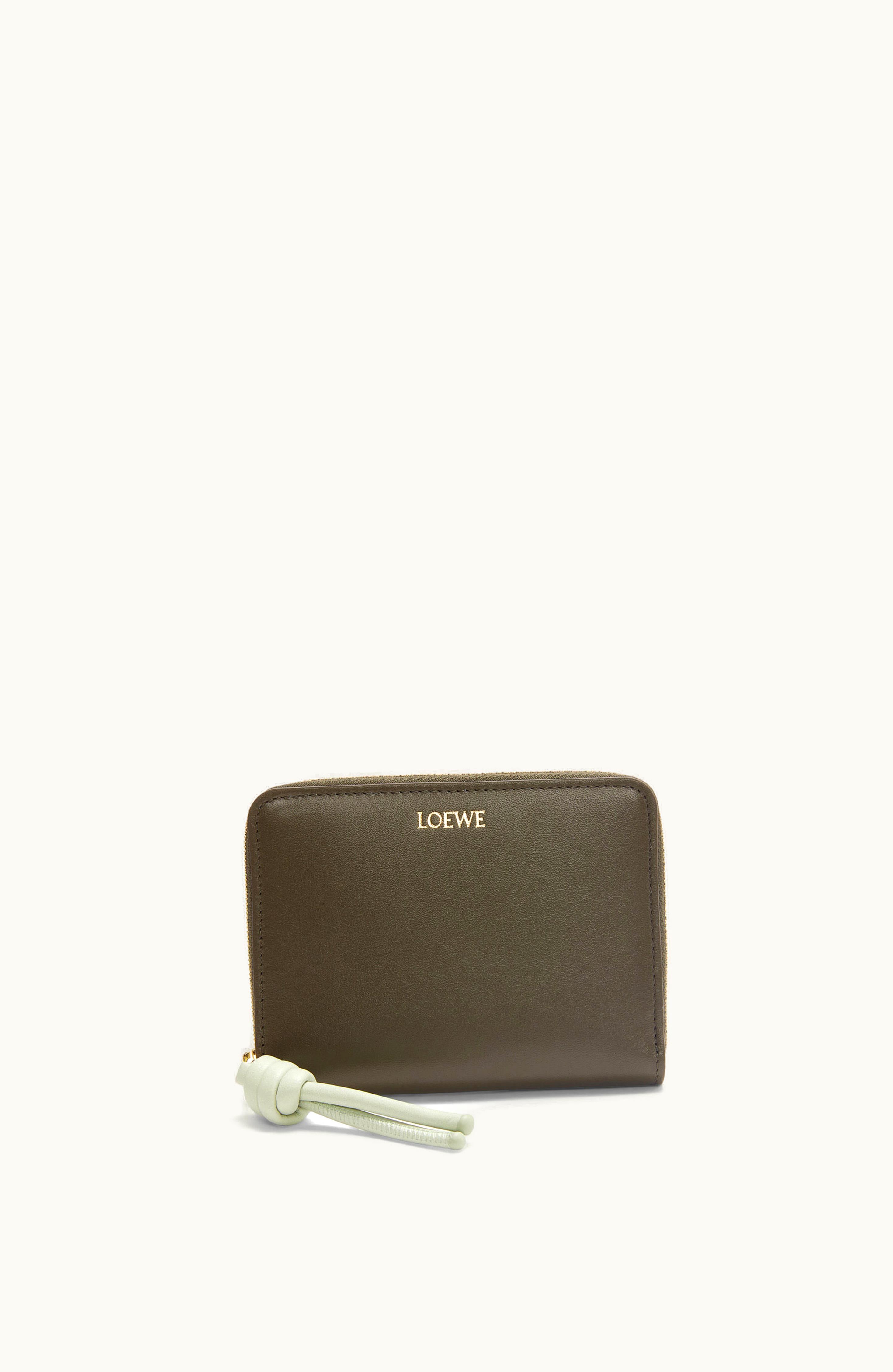 Loewe Loewe Knot Compact Zip Wallet In Shiny Nappa Calfskin Dark Khaki / Spring Jade