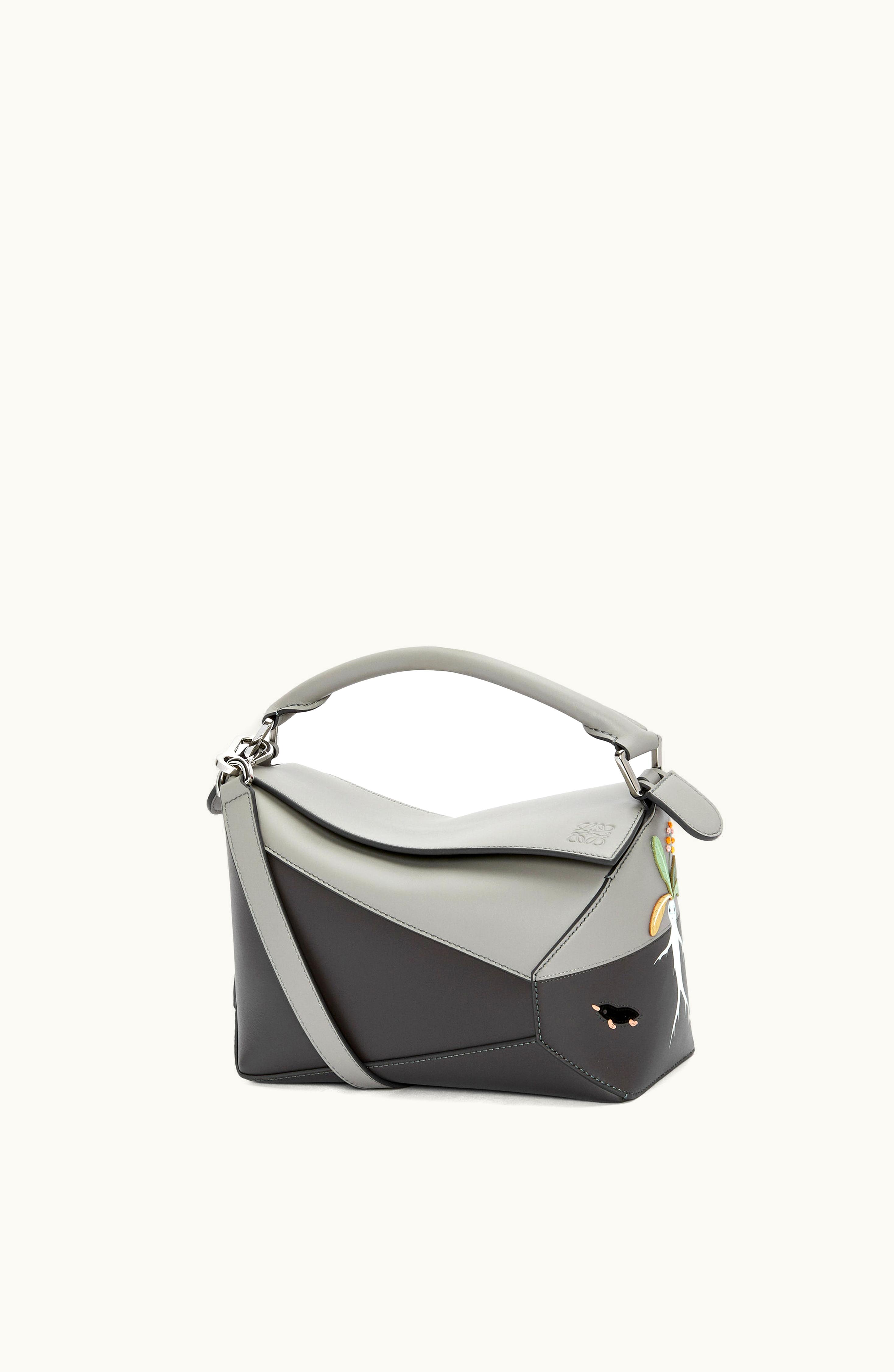Loewe Loewe Mandragora Small Puzzle Bag In Satin Calfskin Pearl Grey / Dark Grey