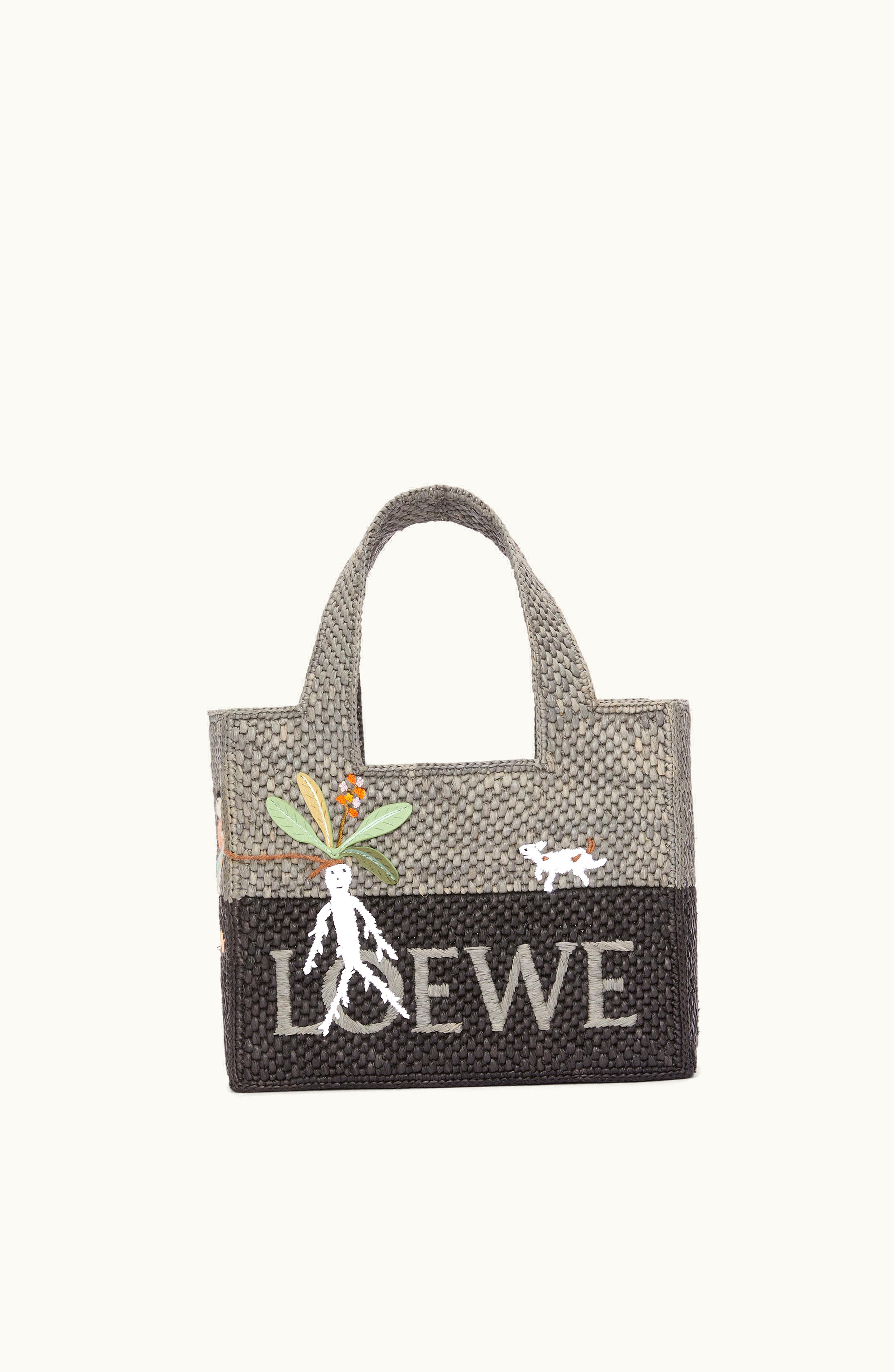 Loewe Mandragora Small Loewe Font Tote In Raffia Pearl Grey / Dark Grey