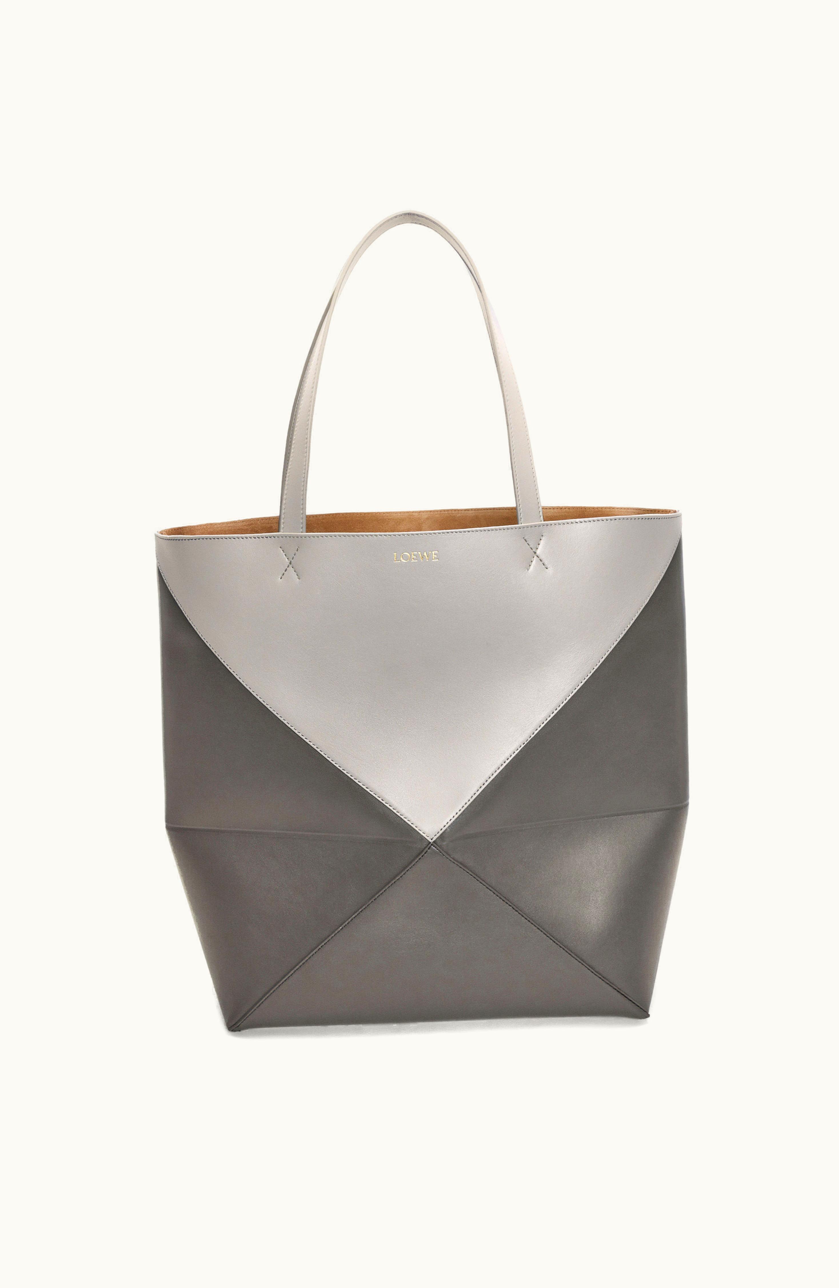 Loewe Loewe Large Puzzle Fold Tote In Shiny Calfskin Pearl Grey / Dark Grey