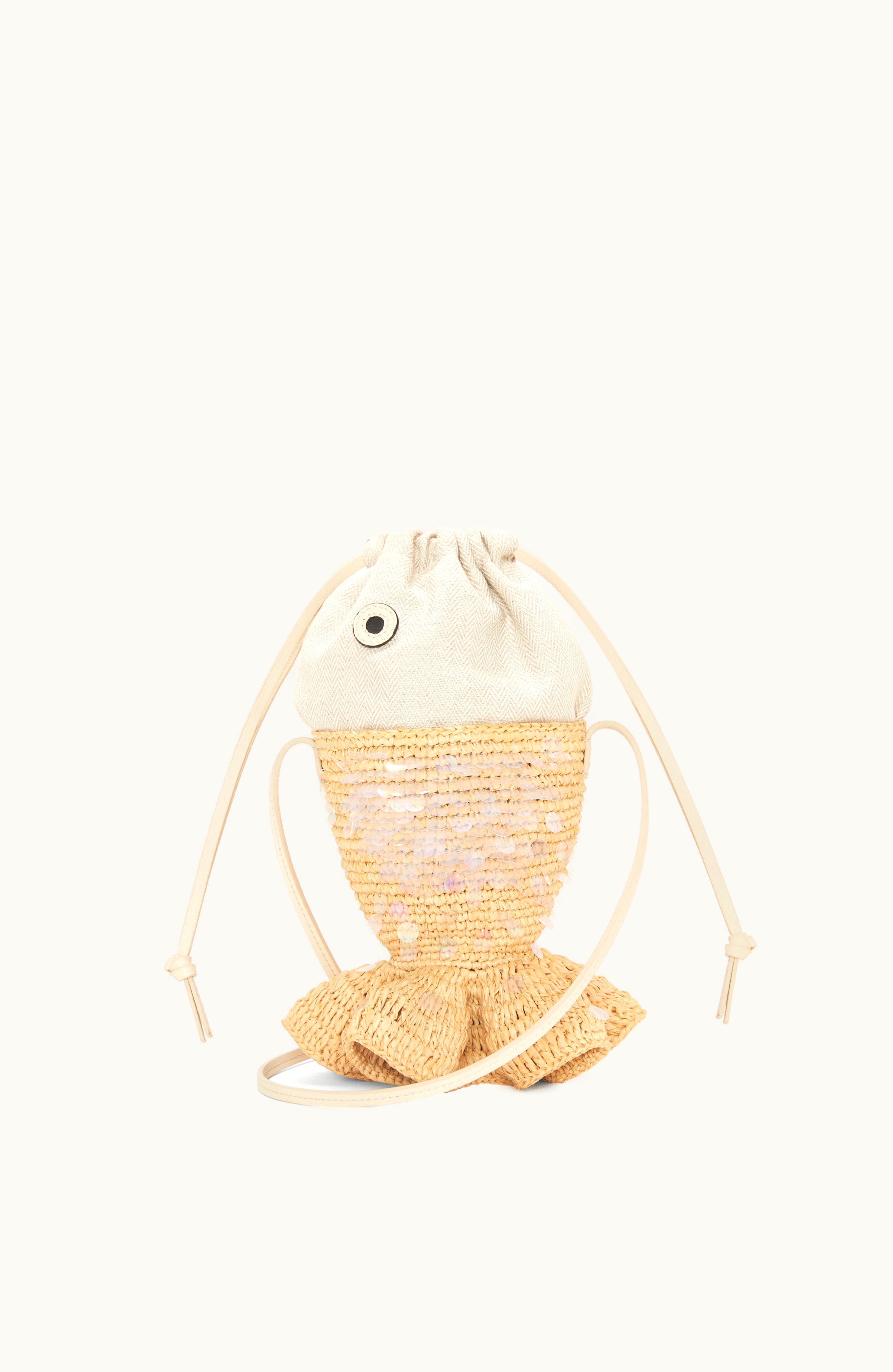 Loewe Loewe Fish Pouch In Canvas And Raffia Natural / Ivory