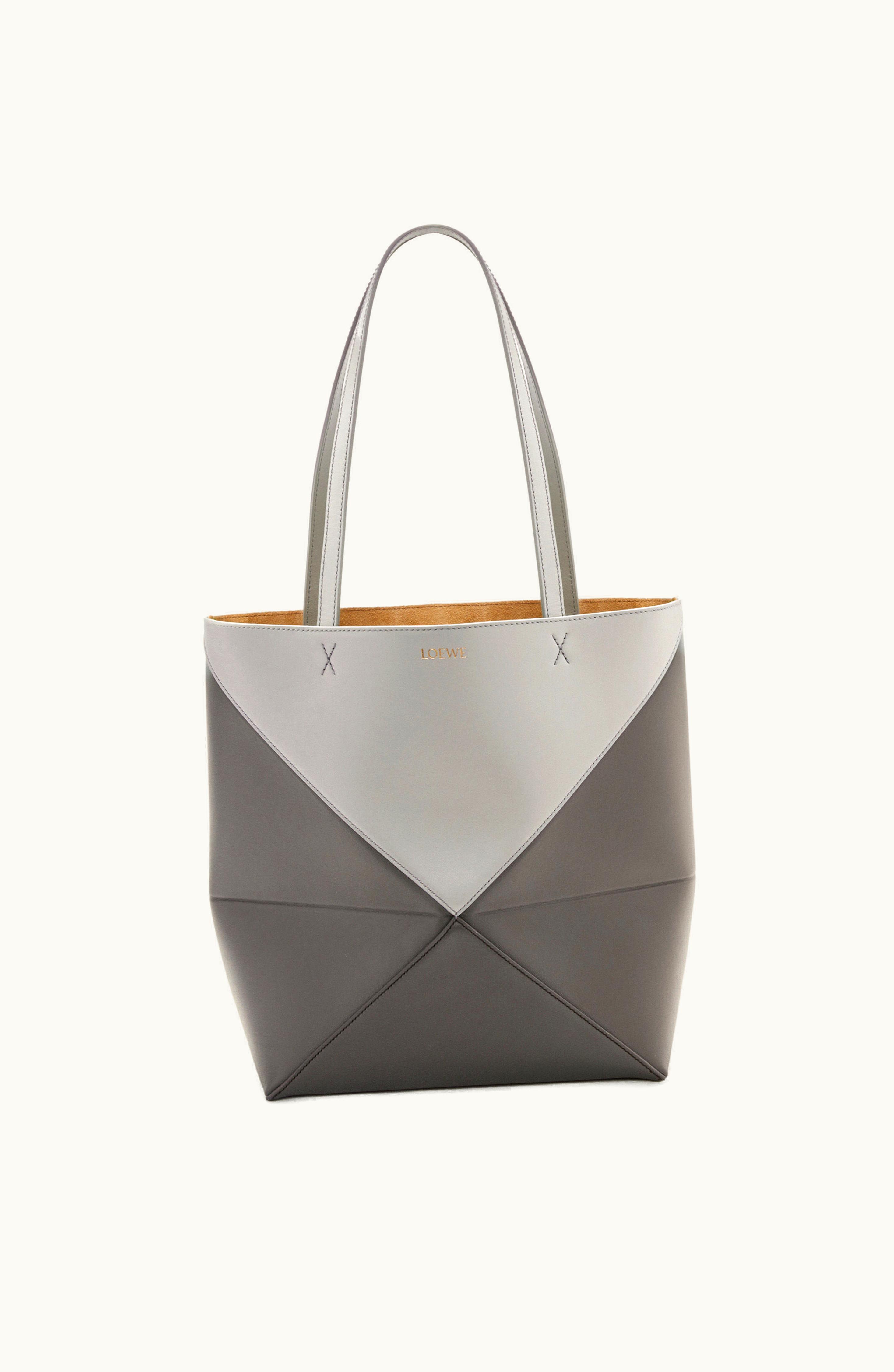 Loewe Loewe Puzzle Fold Tote In Shiny Calfskin Pearl Grey / Dark Grey