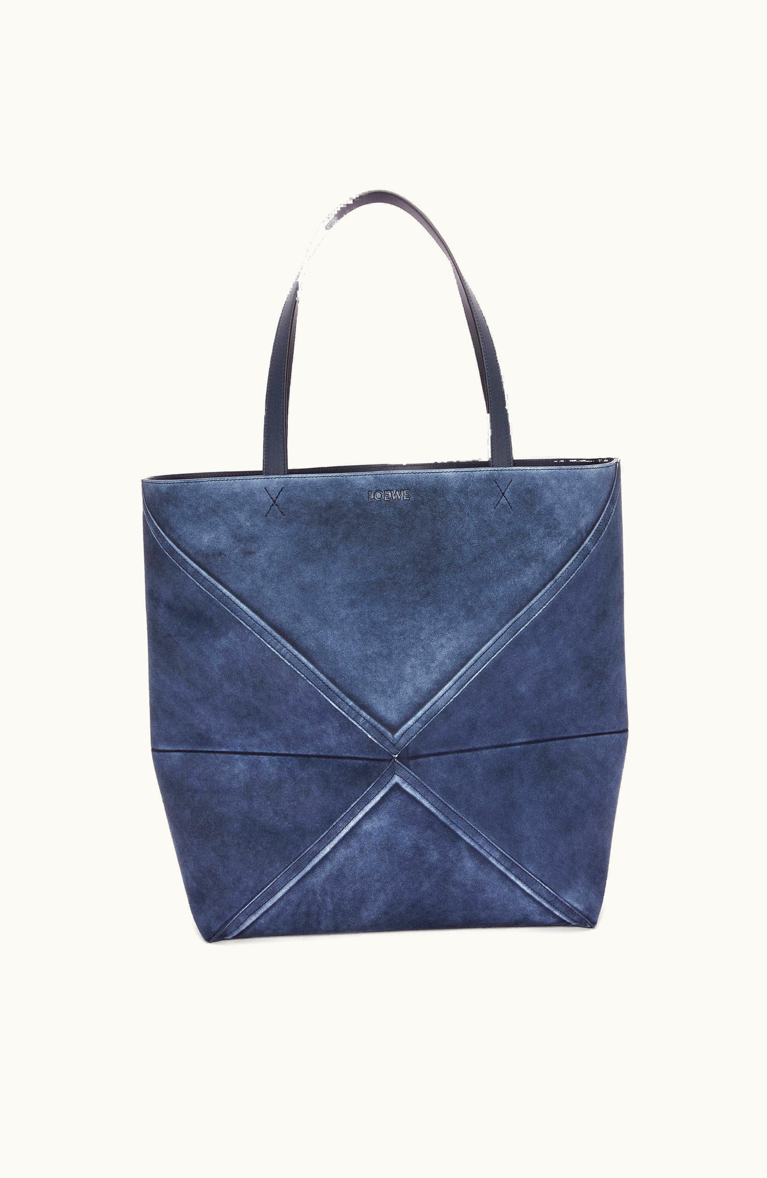 Loewe Loewe Large Puzzle Fold Tote In Suede Calfskin Deep Navy