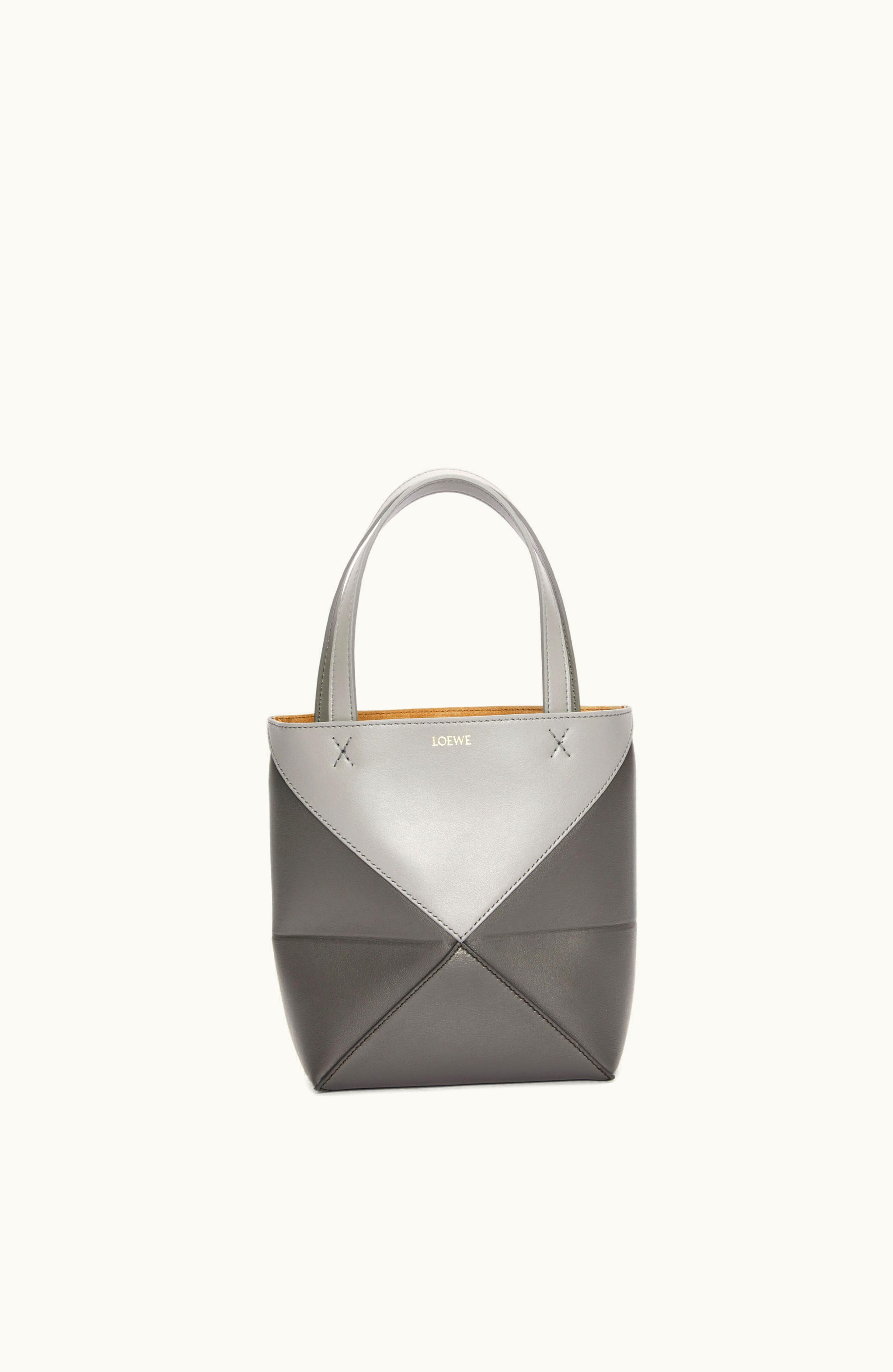 Loewe Loewe Mini Puzzle Fold Tote In Shiny Calfskin Pearl Grey / Dark Grey