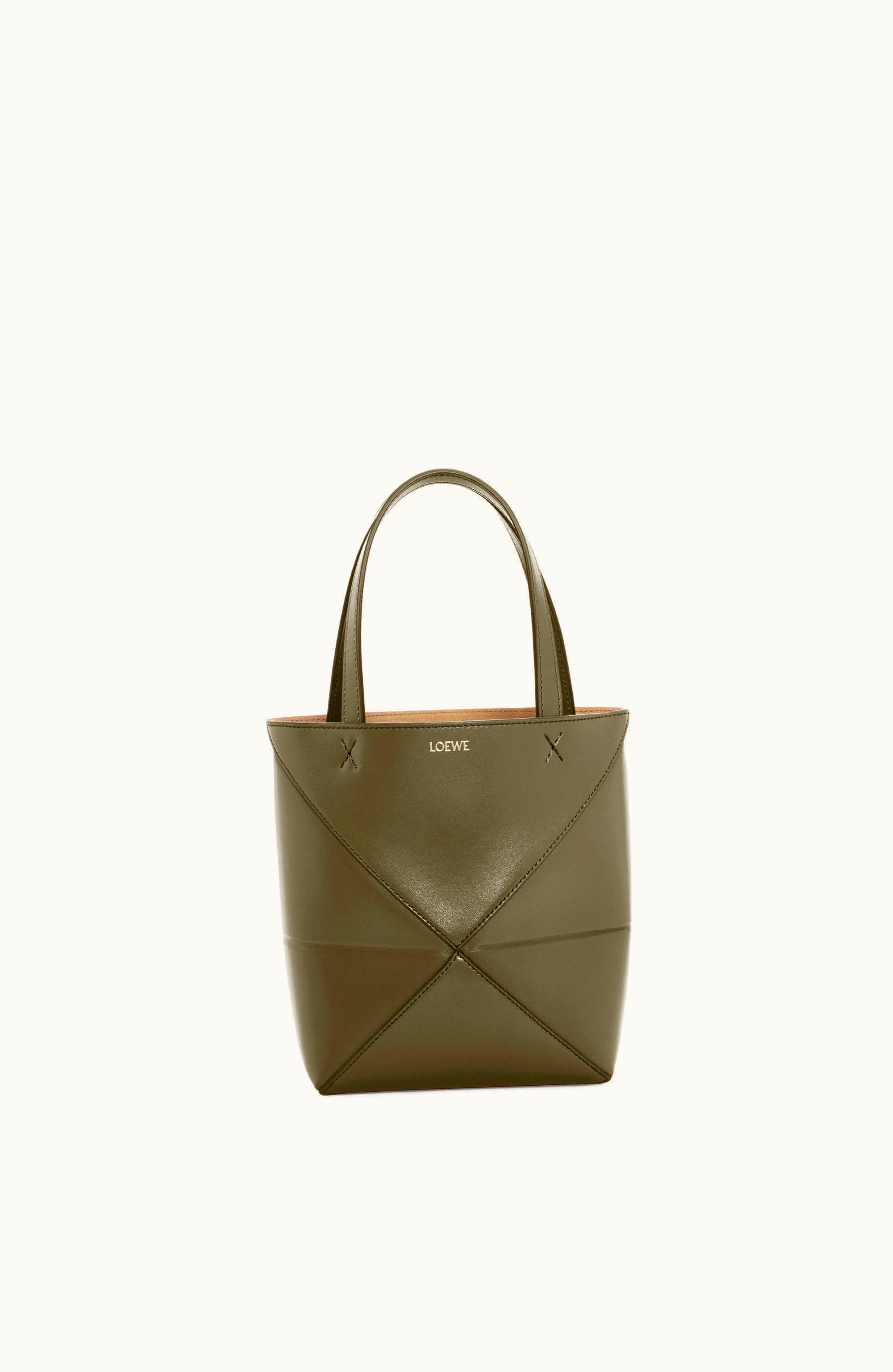 Loewe Loewe Mini Puzzle Fold Tote In Shiny Calfskin Dark Khaki Green