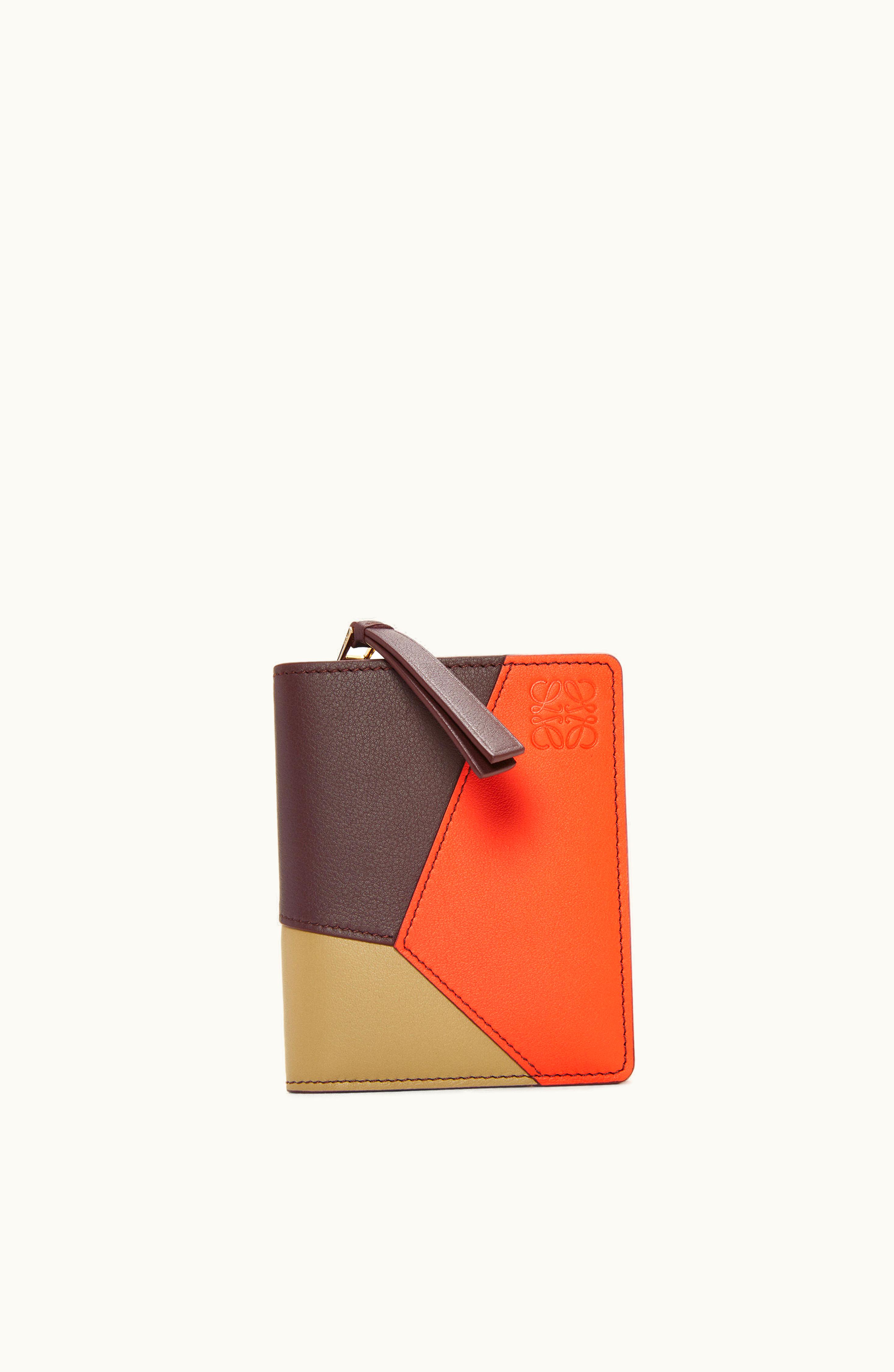 Loewe Loewe Puzzle Compact Zip Wallet In Classic Calfskin Dark Burgundy / Vivid Orange / Cla