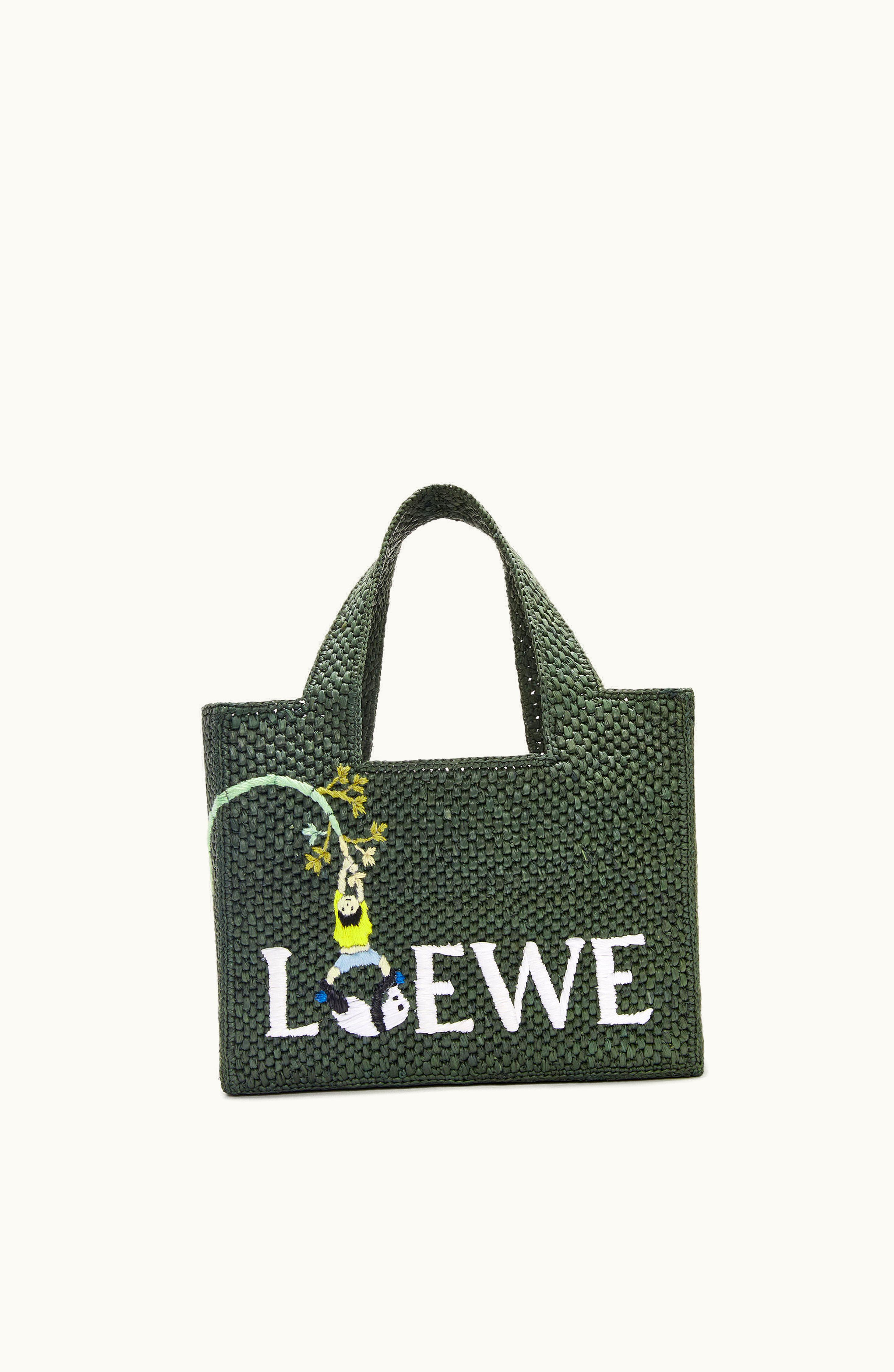 Loewe Panda Small Loewe Font Tote In Raffia Bottle Green