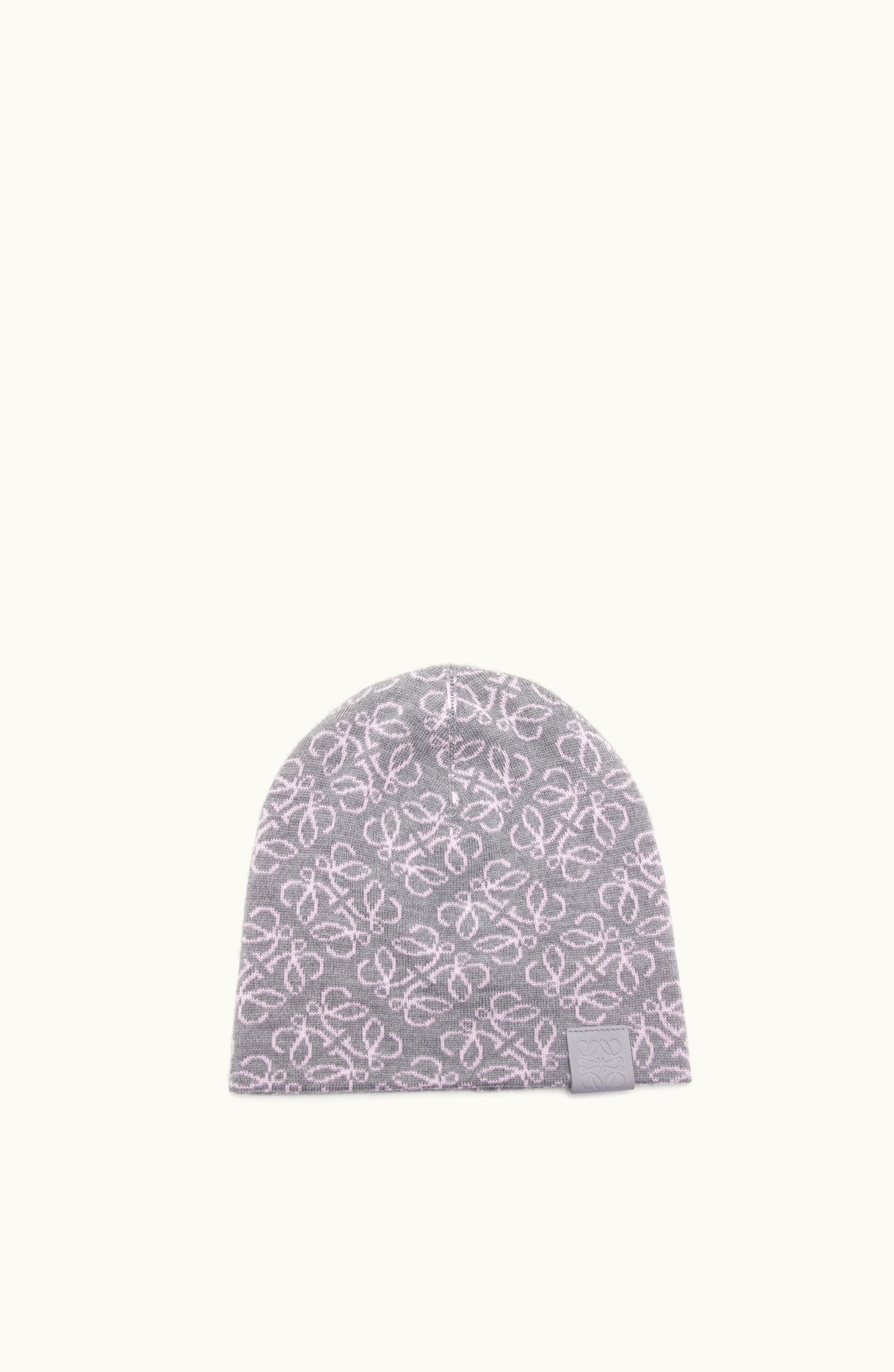 Loewe Loewe All-over Anagram Beanie In Wool Grey / Pink