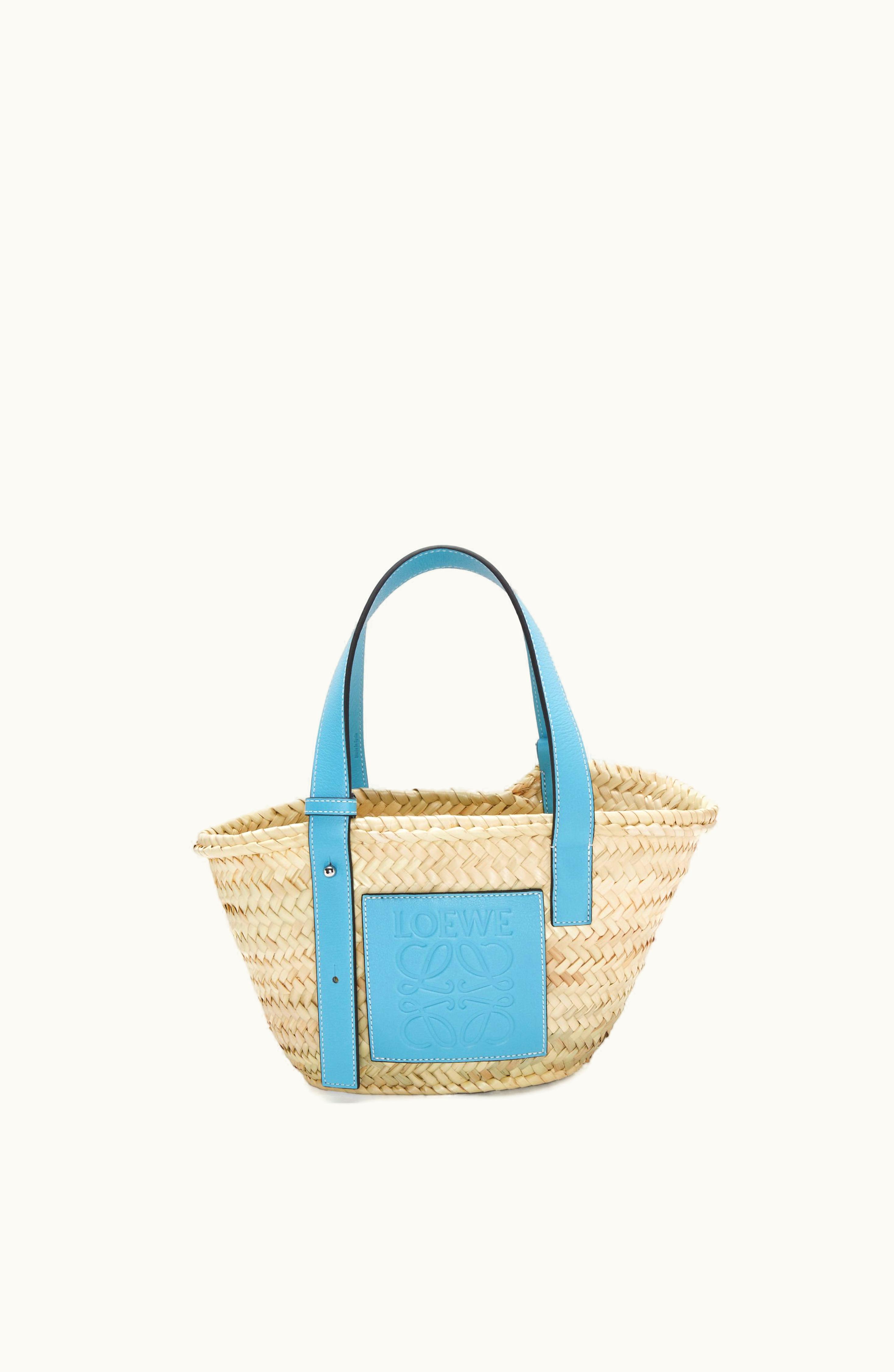 Loewe Loewe Small Basket Bag In Palm Leaf And Calfskin Light Blue