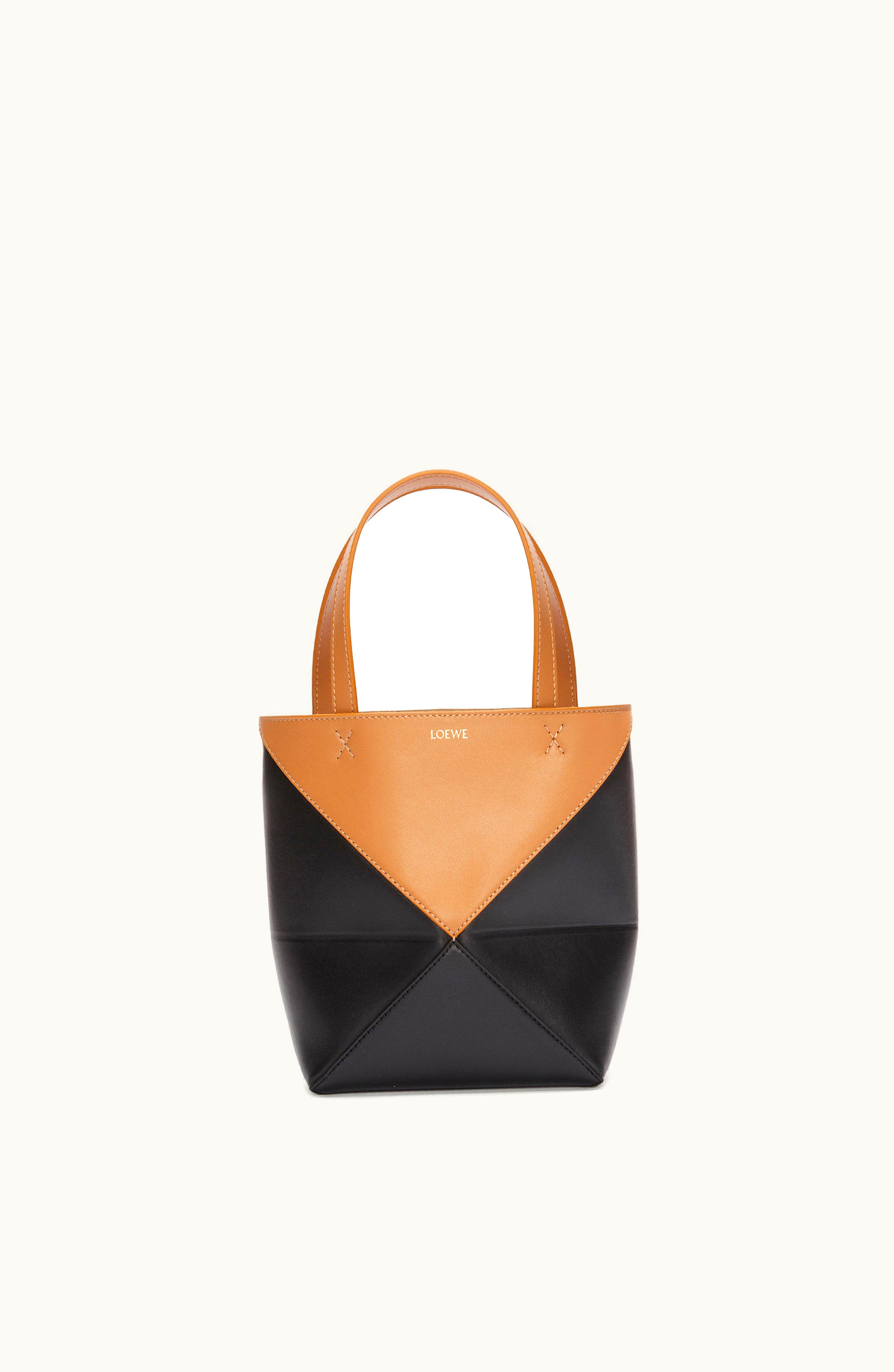 Loewe Loewe Mini Puzzle Fold Tote In Shiny Calfskin Warm Desert / Black