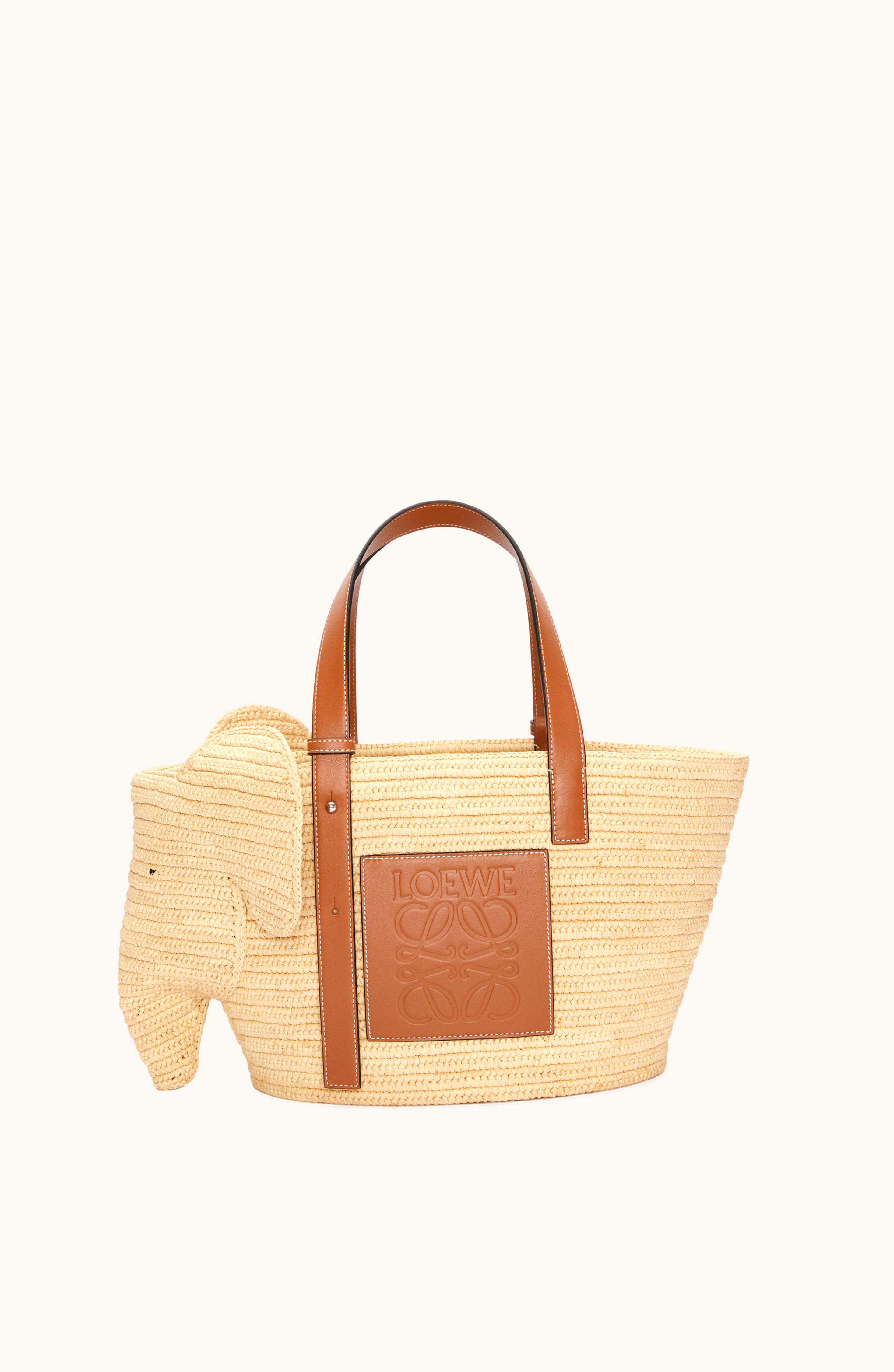 Loewe Loewe Elephant Basket Bag In Raffia And Calfskin Natural / Tan